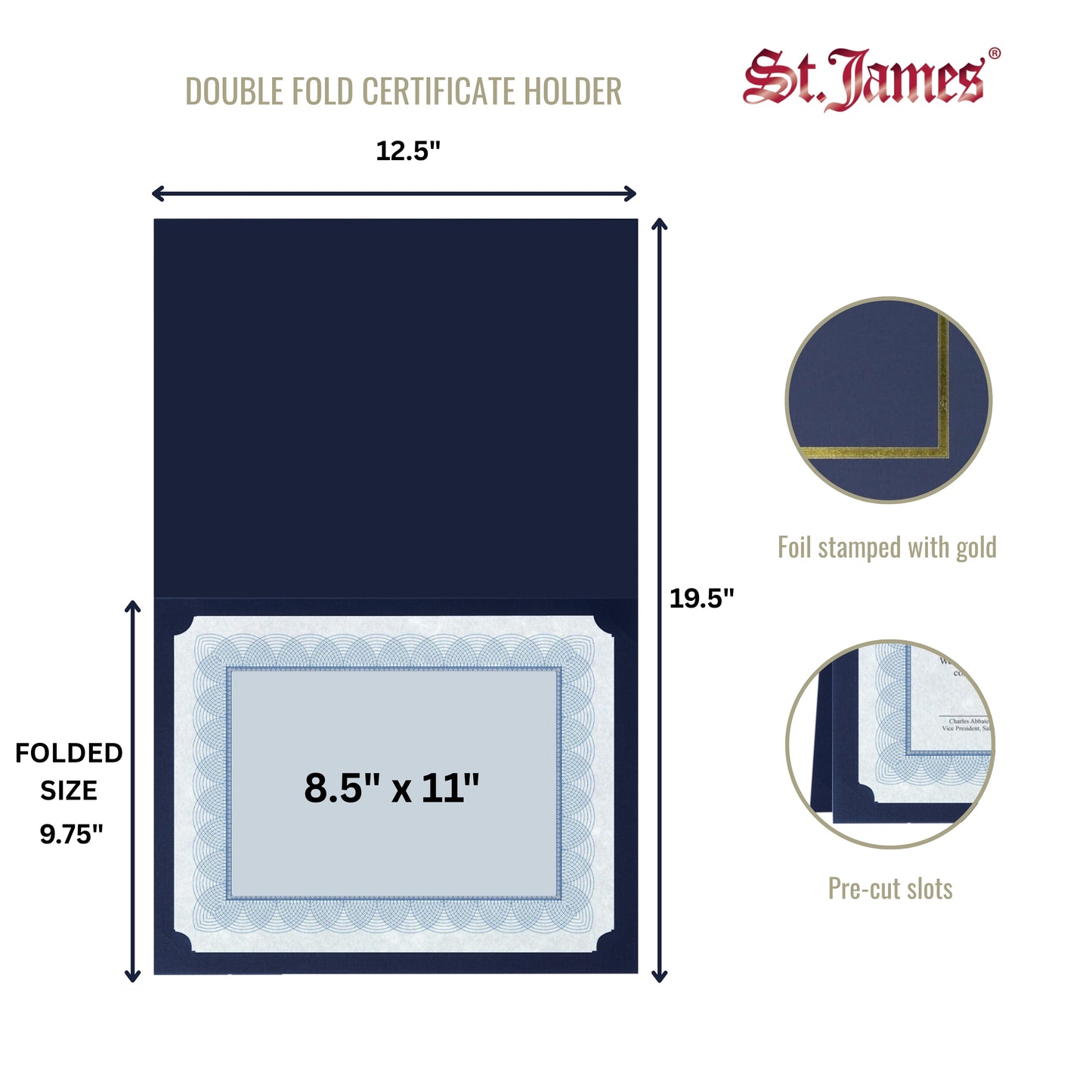 St. James® Certificate Holders/Document Covers/Diploma Holders, Navy Blue, Gold Foil Border, Linen Finish, Pack of 5, 83850