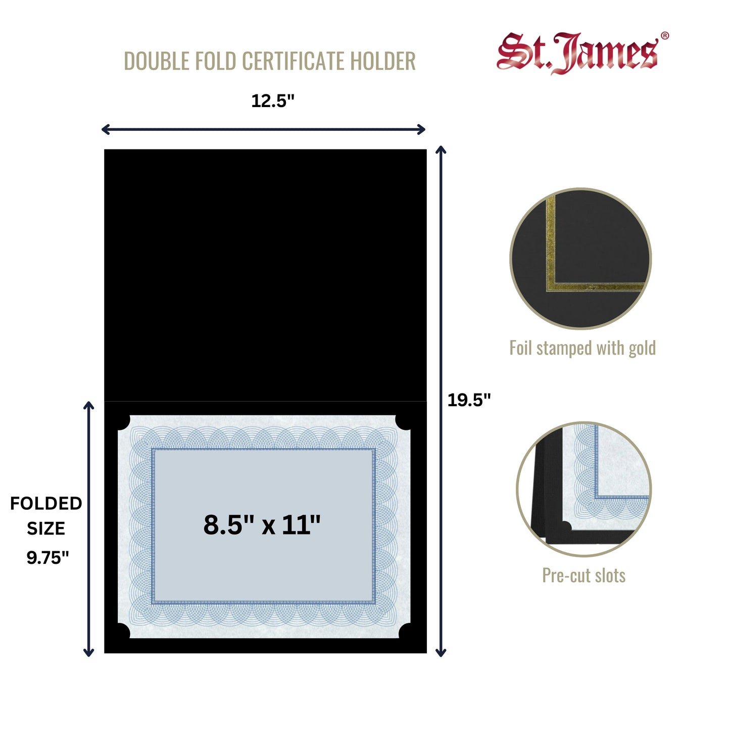 St. James® Certificate Holders/Document Covers/Diploma Holders, Black, Gold Foil Border, Linen Finish, Pack of 5, 83852
