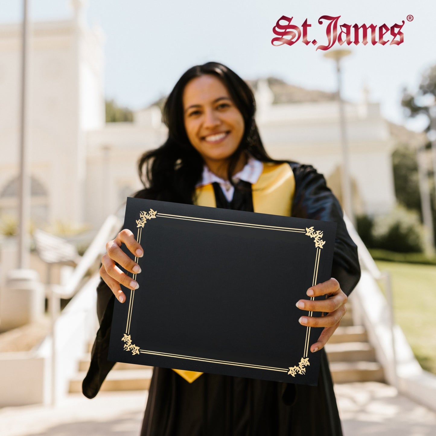 St. James® Premium Certificate Holders, Double Display Folders for 8.5 x 11" Documents, Black, Gold Foil Border, Pack of 10, 83953