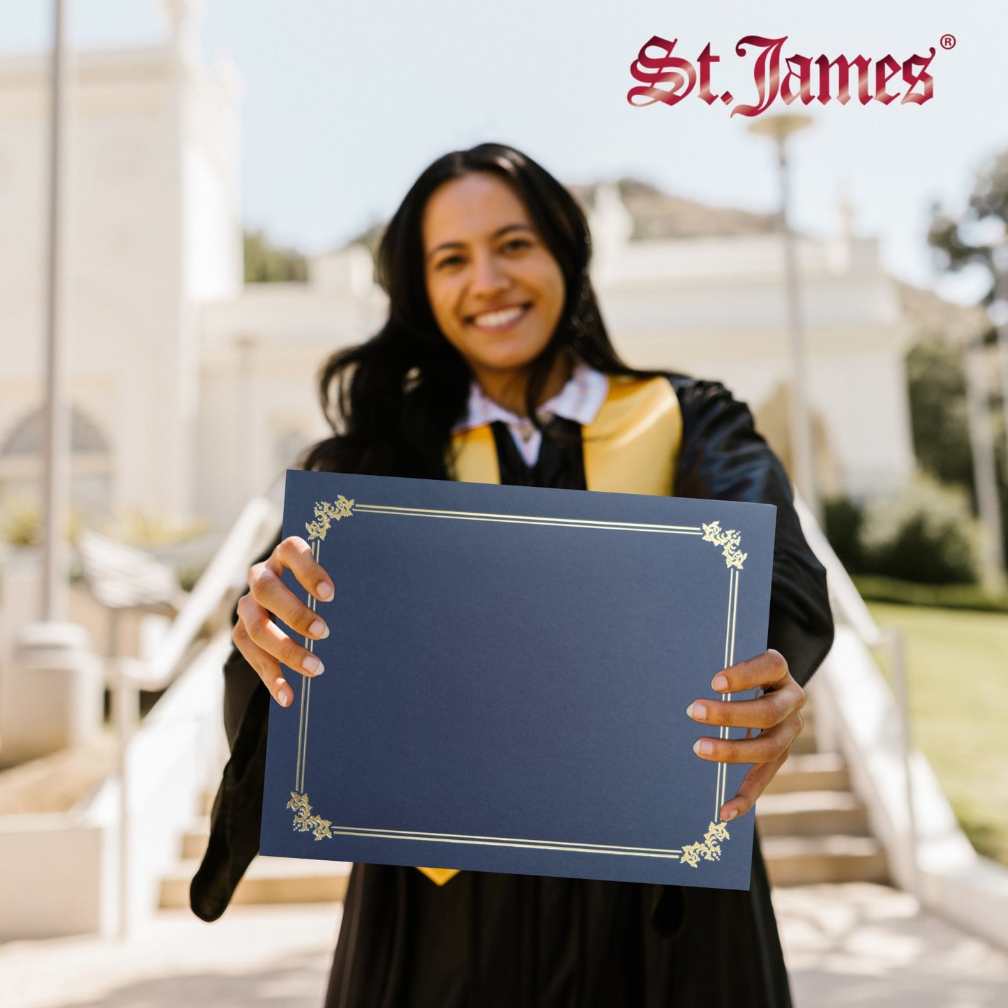 St. James® Premium Certificate Holders, Double Display Folders for 8.5 x 11" Documents, Navy Blue, Gold Foil Border, Pack of 10, 83955