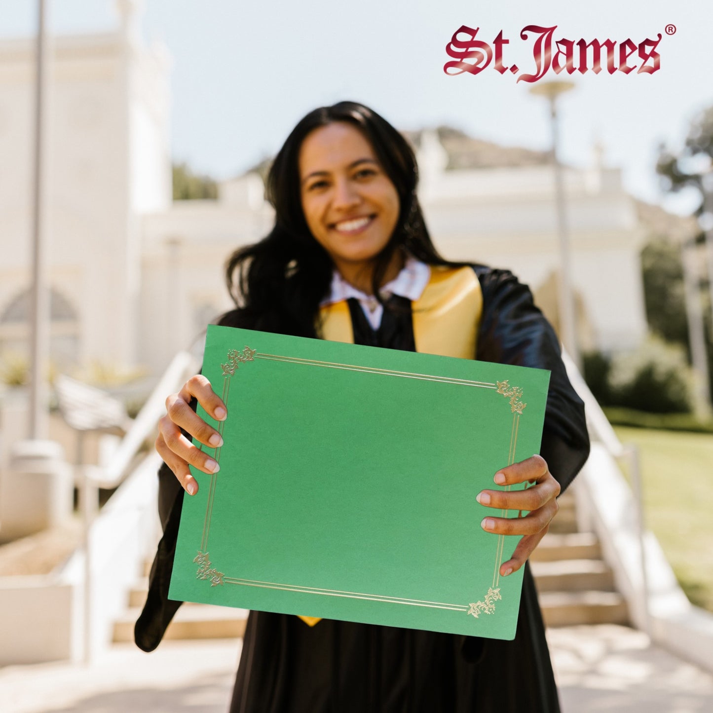 St. James® Premium Certificate Holders, Double Display Folders for 8.5 x 11" Documents, Green, Gold Foil Border, Pack of 10, 83959