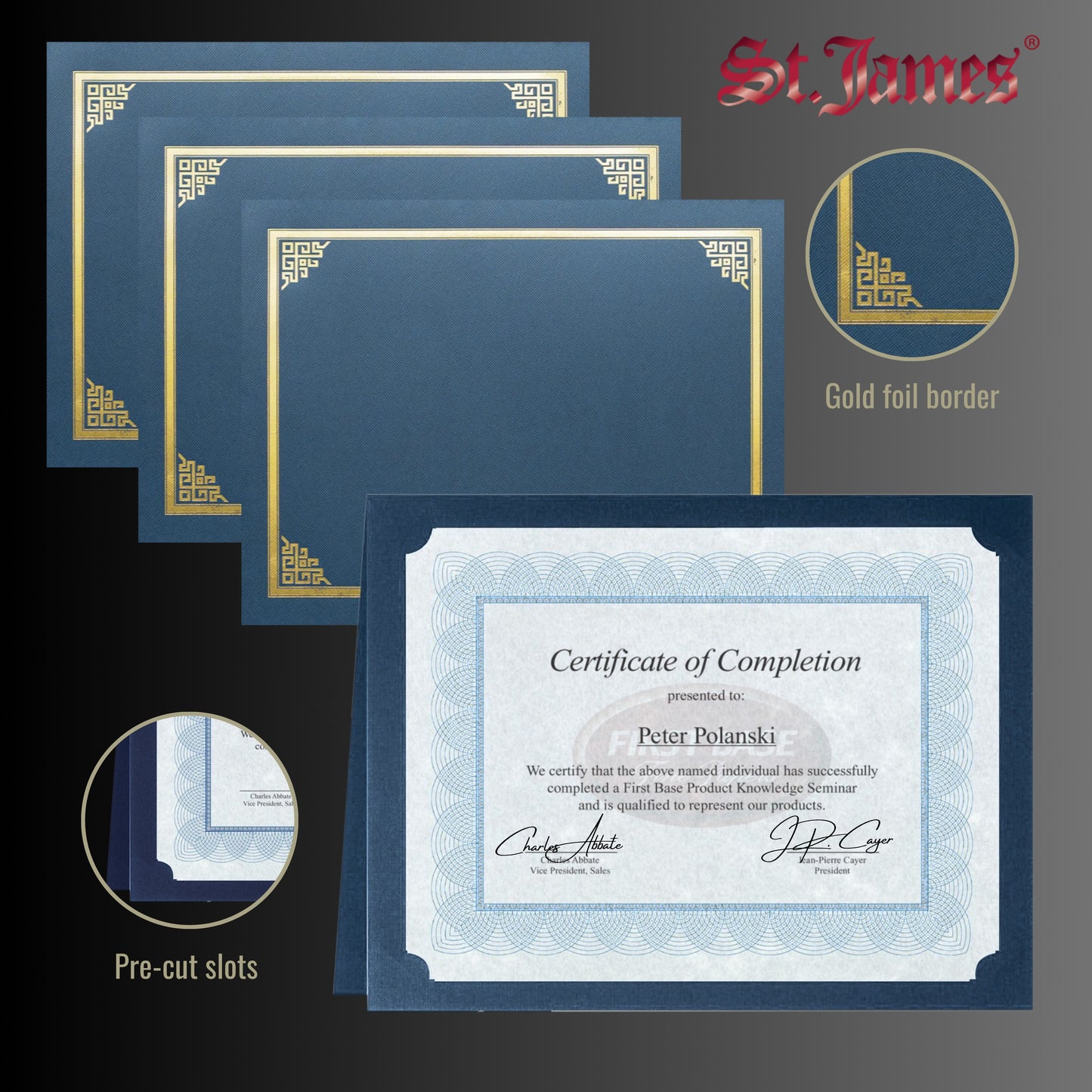 St. James® Certificate Holders/Document Covers/Diploma Holders, Navy Blue, Gold Foil Border, Linen Finish, Pack of 5, 83803