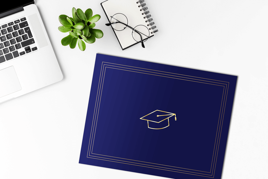 St. James® Premium Certificate Holder, Gold Foil Graduation Cap Design, 8.5 x 11" Document Folder, Navy Blue, Pack of 10, 305861