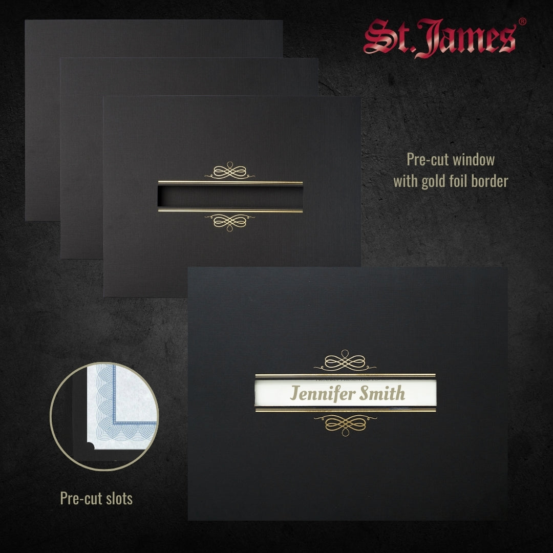Porte-certificats St. James® avec fenêtre, lin noir, paquet de 5, 83539