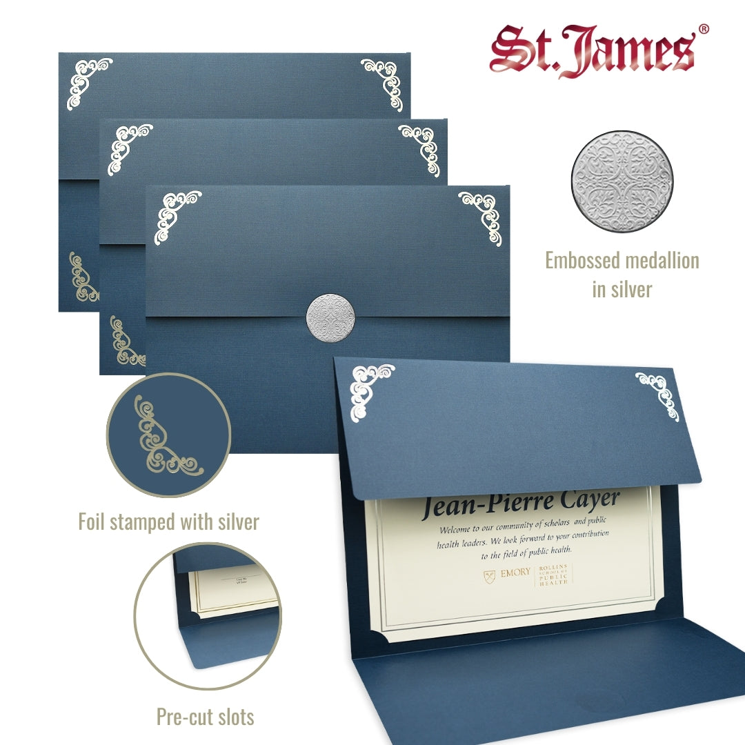 St. James® Elite™ Medallion Fold Certificate Holders, Linen, Navy Blue with Silver Medallion, Pack of 5, 83536