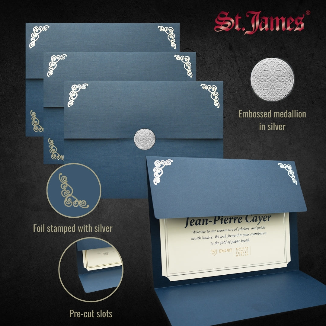 St. James® Elite™ Medallion Fold Certificate Holders, Linen, Navy Blue with Silver Medallion, Pack of 5, 83536