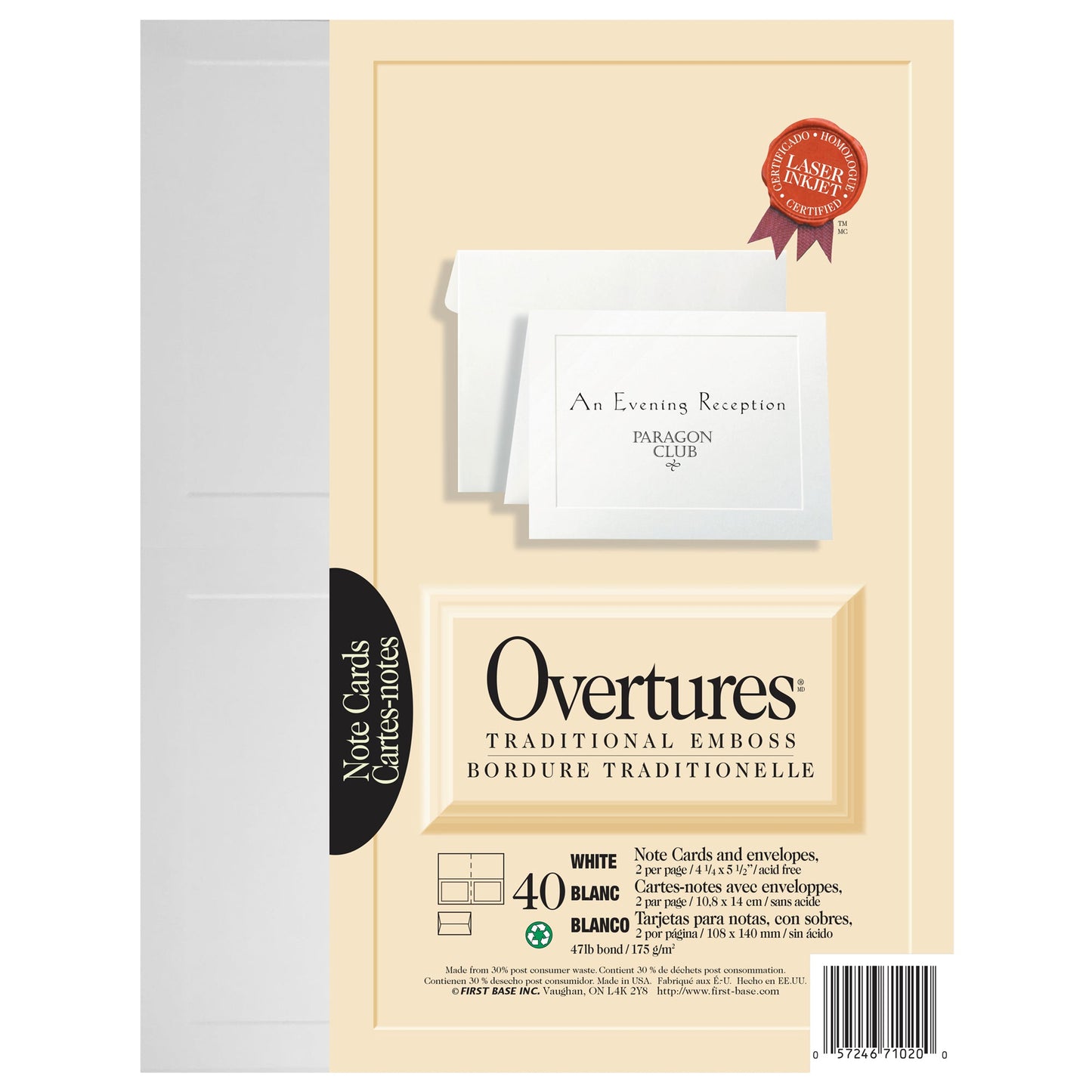 Cartes de correspondance en relief traditionnelles St. James® Overtures®, blanc, 40 ensembles, 71020
