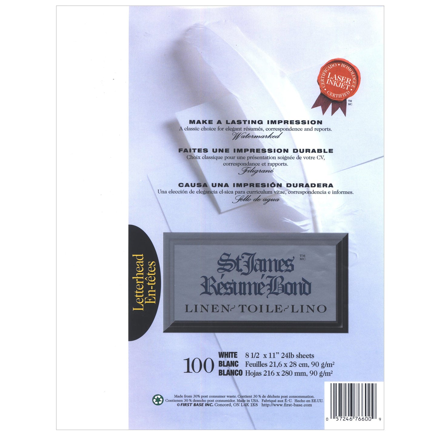 St. James® Résumé Bond, lin, papier format lettre 24 lb, blanc, paquet de 100, 76600