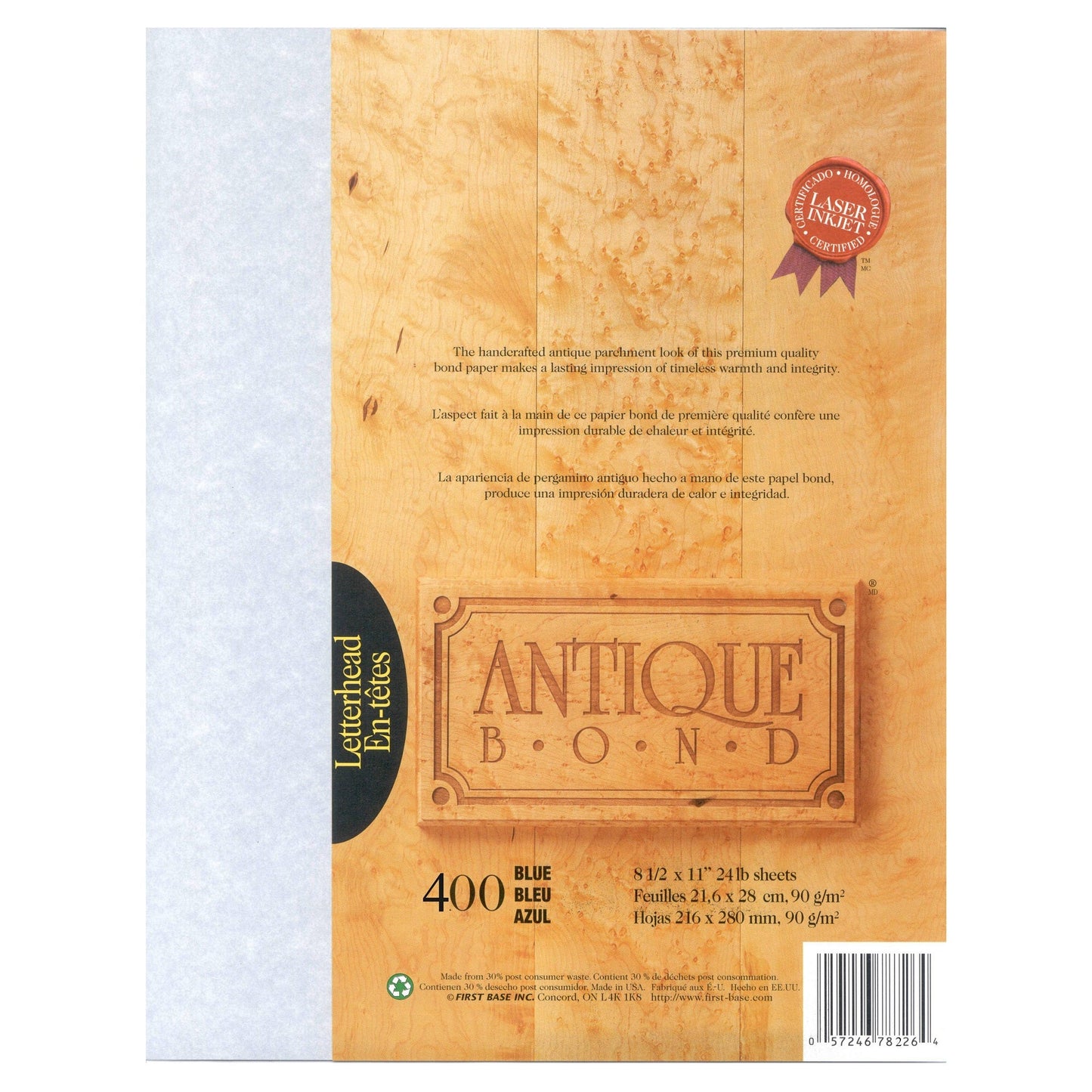 St. James® Antique Bond, papier format lettre de 24 lb, bleu, paquet de 400, 78226