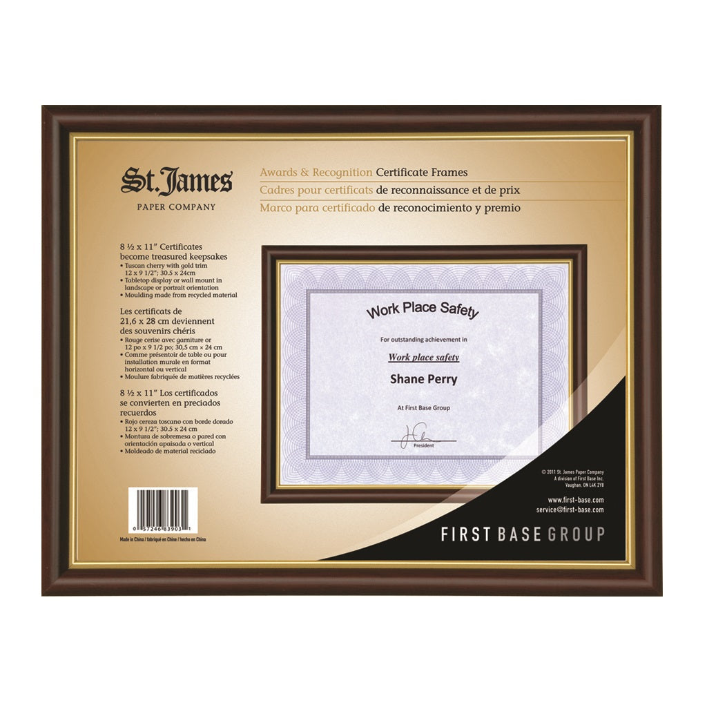 Cadre pour certificat/diplôme/document St. James®, 8,5 x 11 po, cerisier toscan avec garniture dorée, 83903