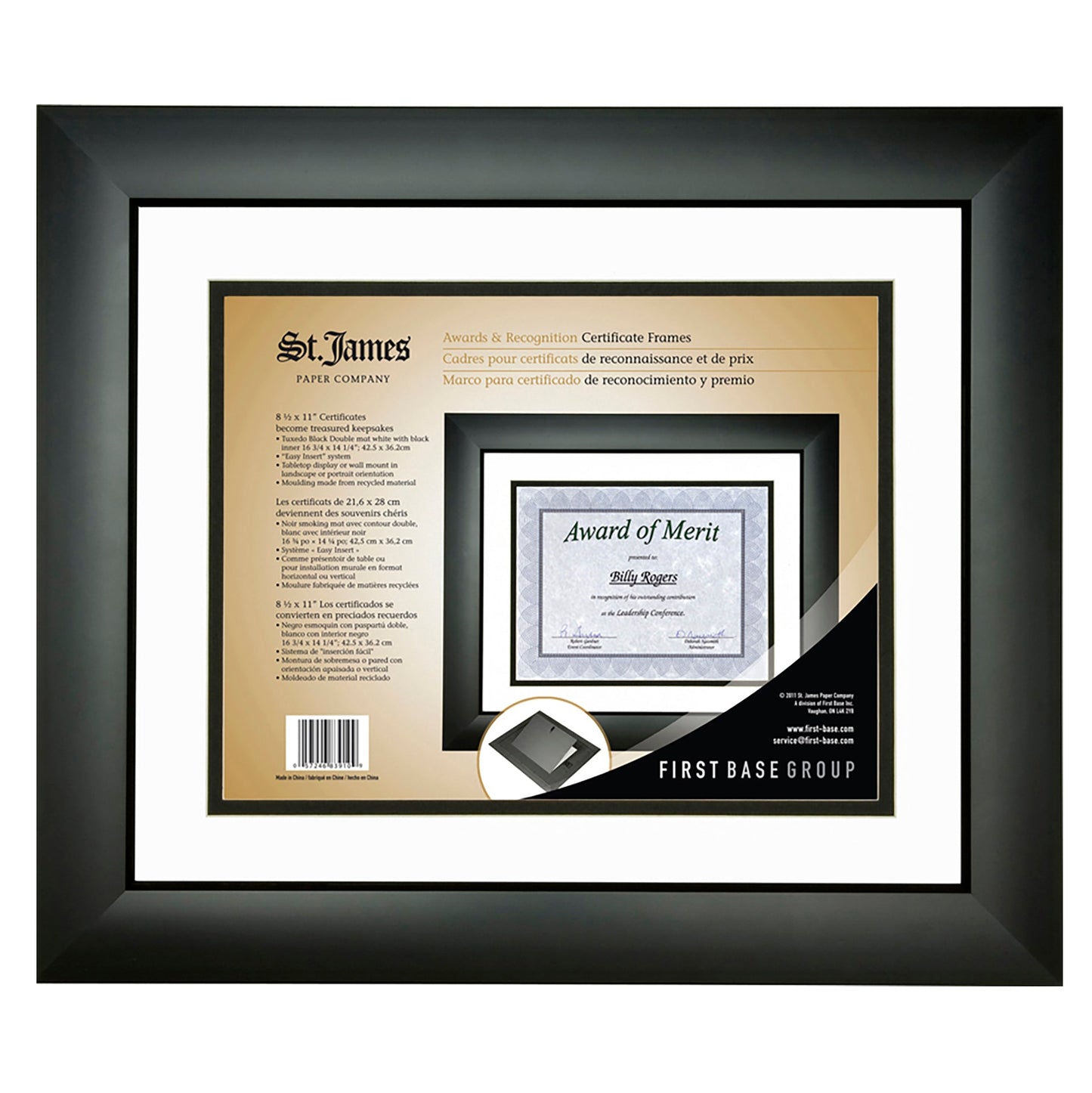 Cadre pour certificat/diplôme/document St. James®, 8,5 x 11 po, noir smoking avec double passe-partout blanc/noir, 83910