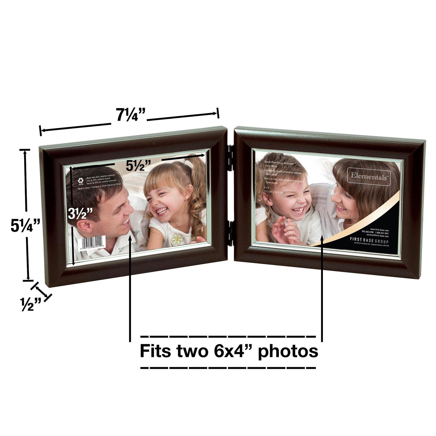 Cadre photo double - Pour 2 photos 6x4" - Horizontal - Insertion facile - Moka satiné - Présentoir de table