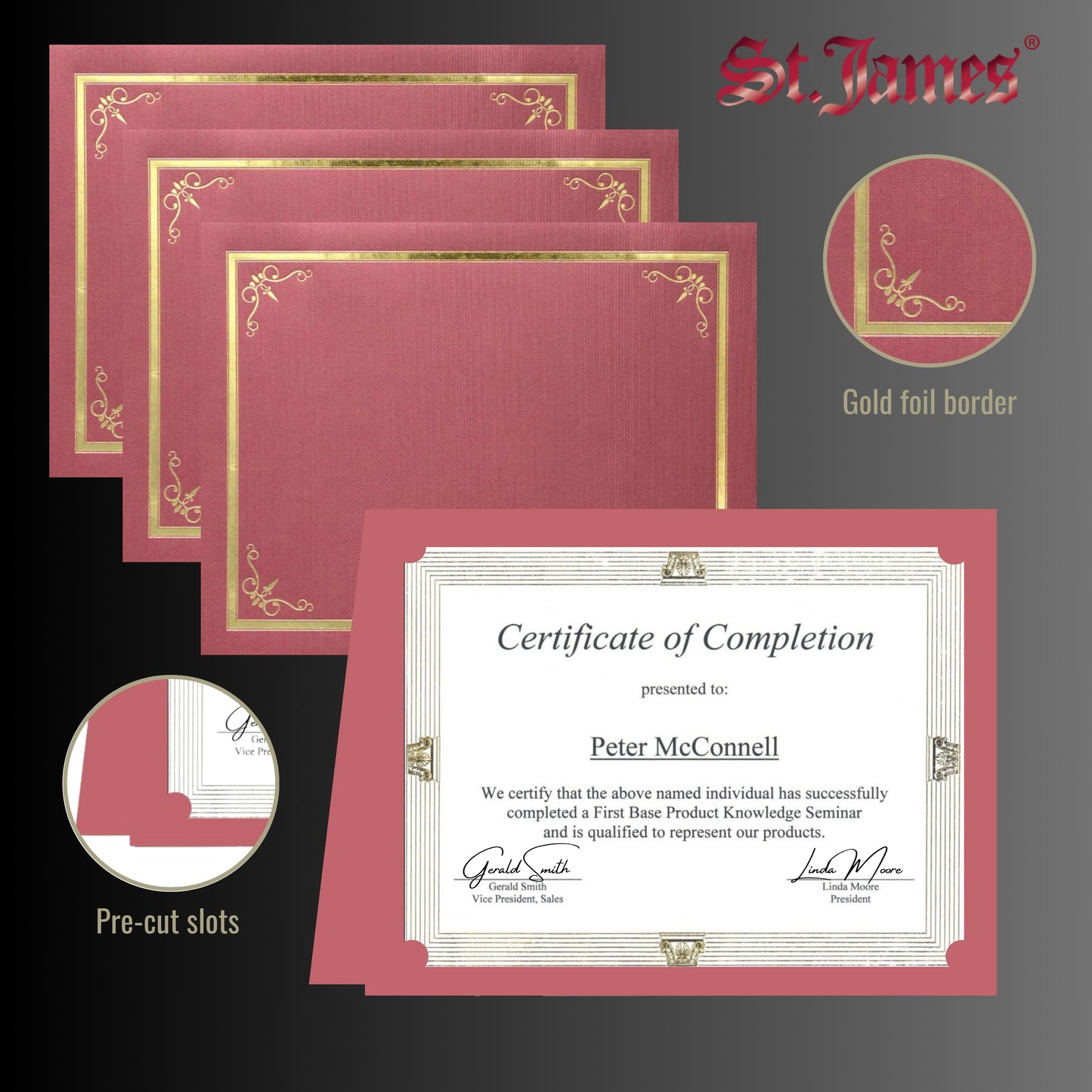Porte-certificats/couvertures de documents/porte-diplômes St. James®, rouge, bordure en feuille d'or, finition lin, paquet de 5, 83807
