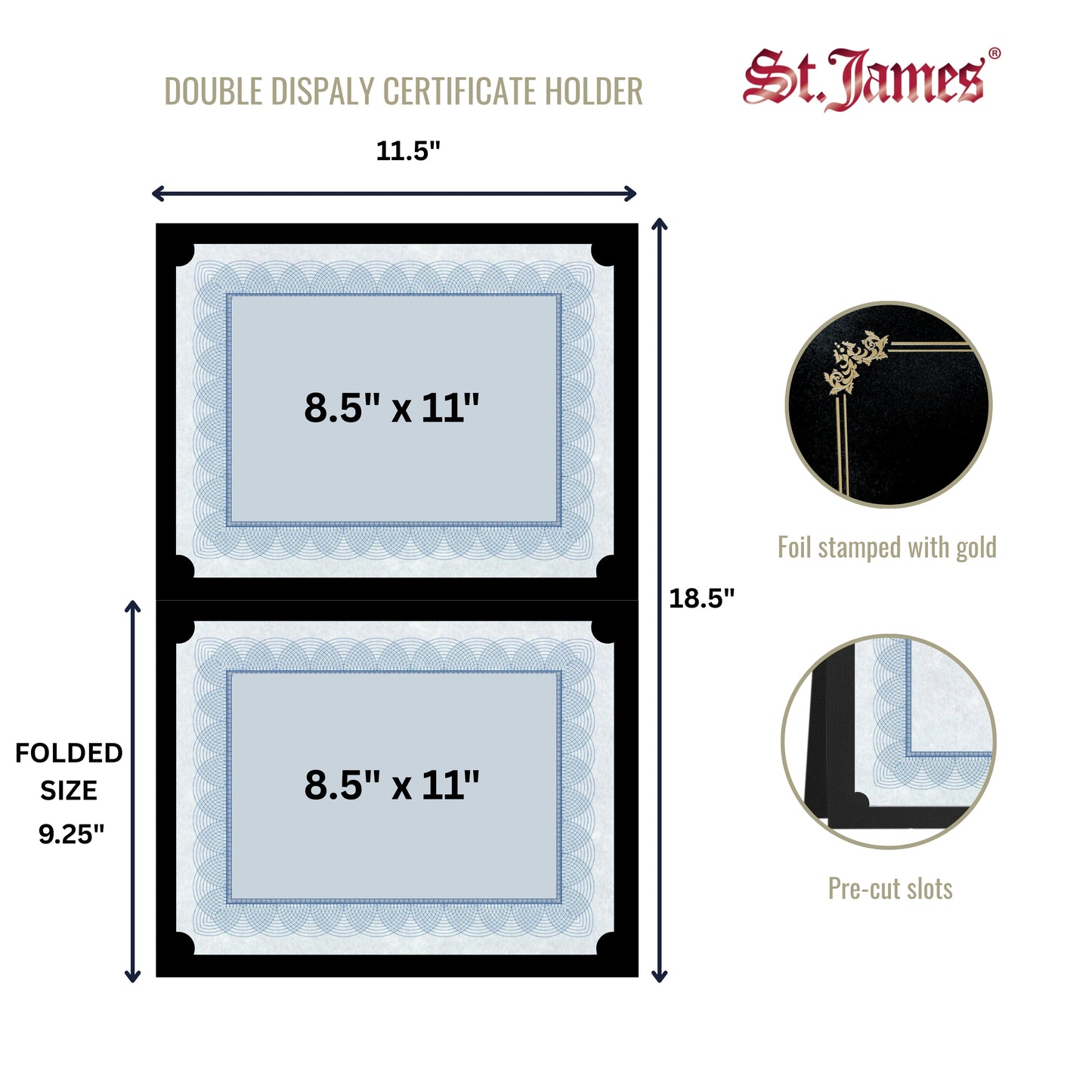 St. James® Premium Certificate Holders, Double Display Folders for 8.5 x 11" Documents, Black, Gold Foil Border, Pack of 10, 83953