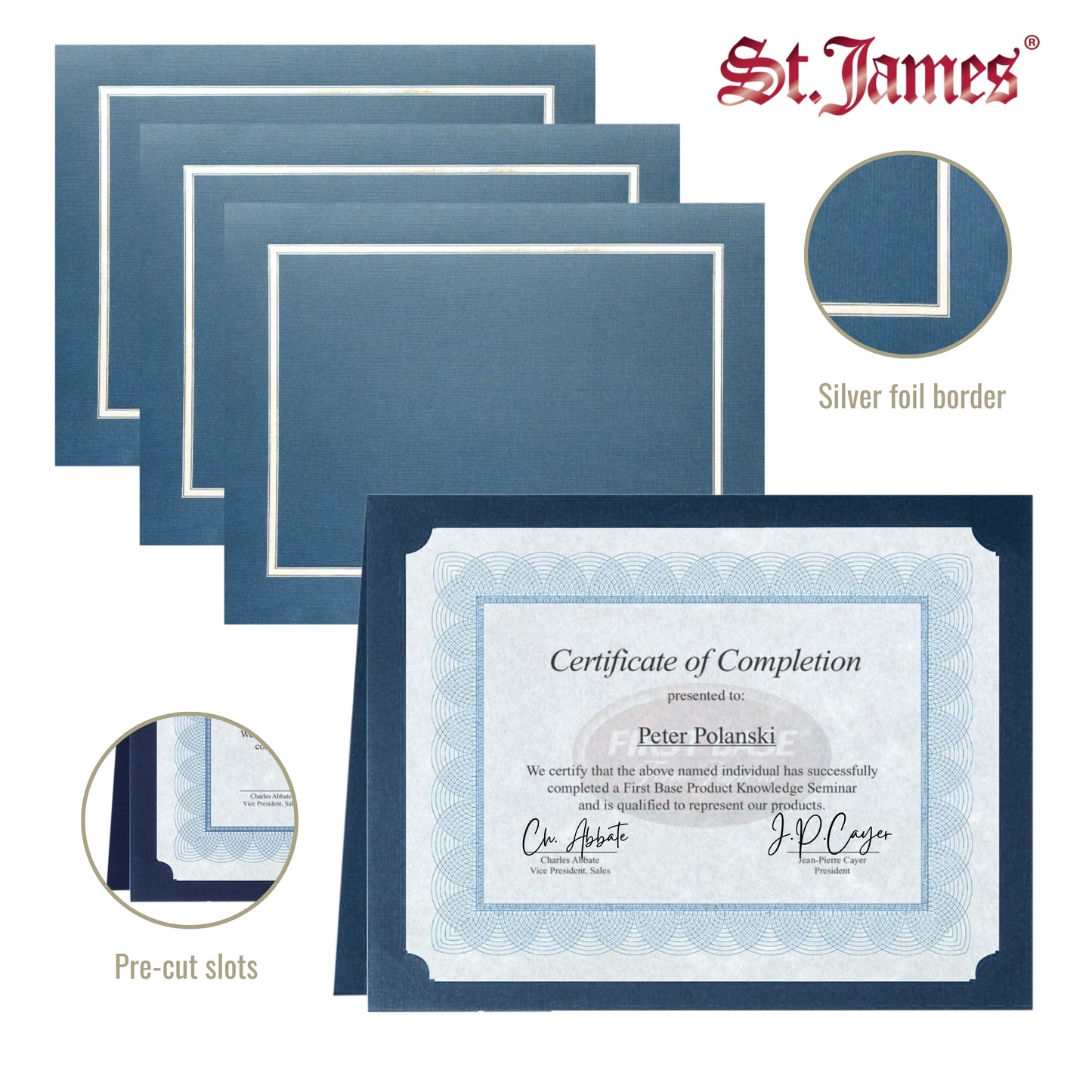 Porte-certificats/couvertures de documents/porte-diplômes St. James®, bleu marine, bordure en feuille d'argent, finition lin, paquet de 5, 83851