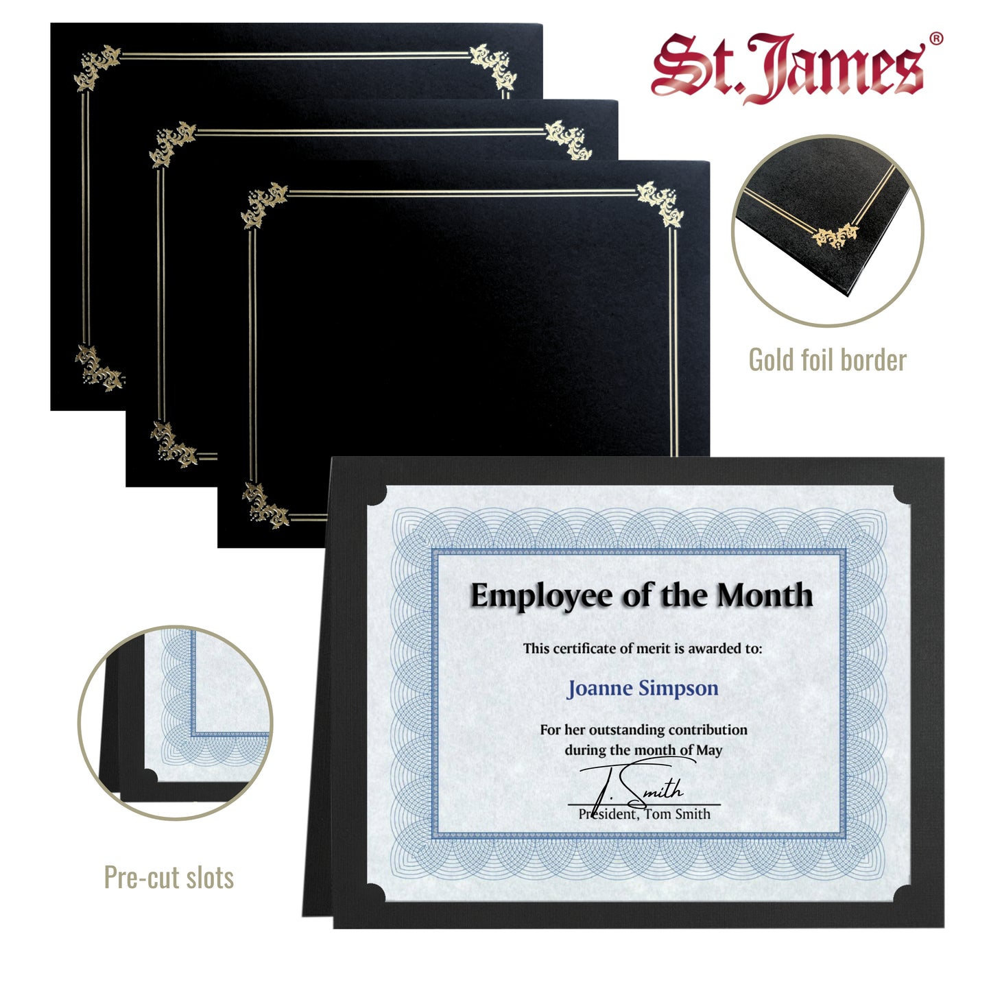 St. James® Premium Certificate Holders, Double Display Folders for 8.5 x 11" Documents, Black, Gold Foil Border, Pack of 10, 83953