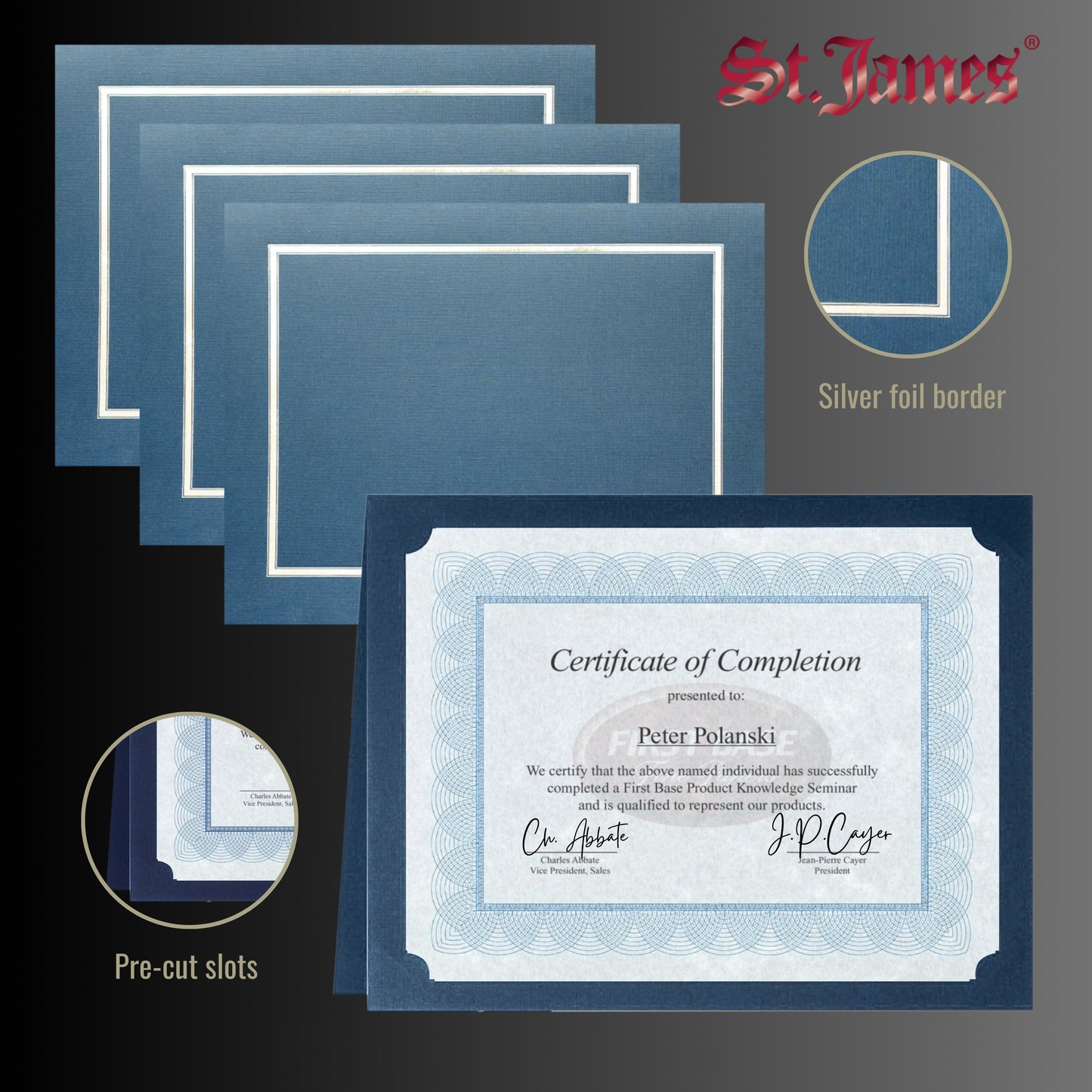 Porte-certificats/couvertures de documents/porte-diplômes St. James®, bleu marine, bordure en feuille d'argent, finition lin, paquet de 5, 83851