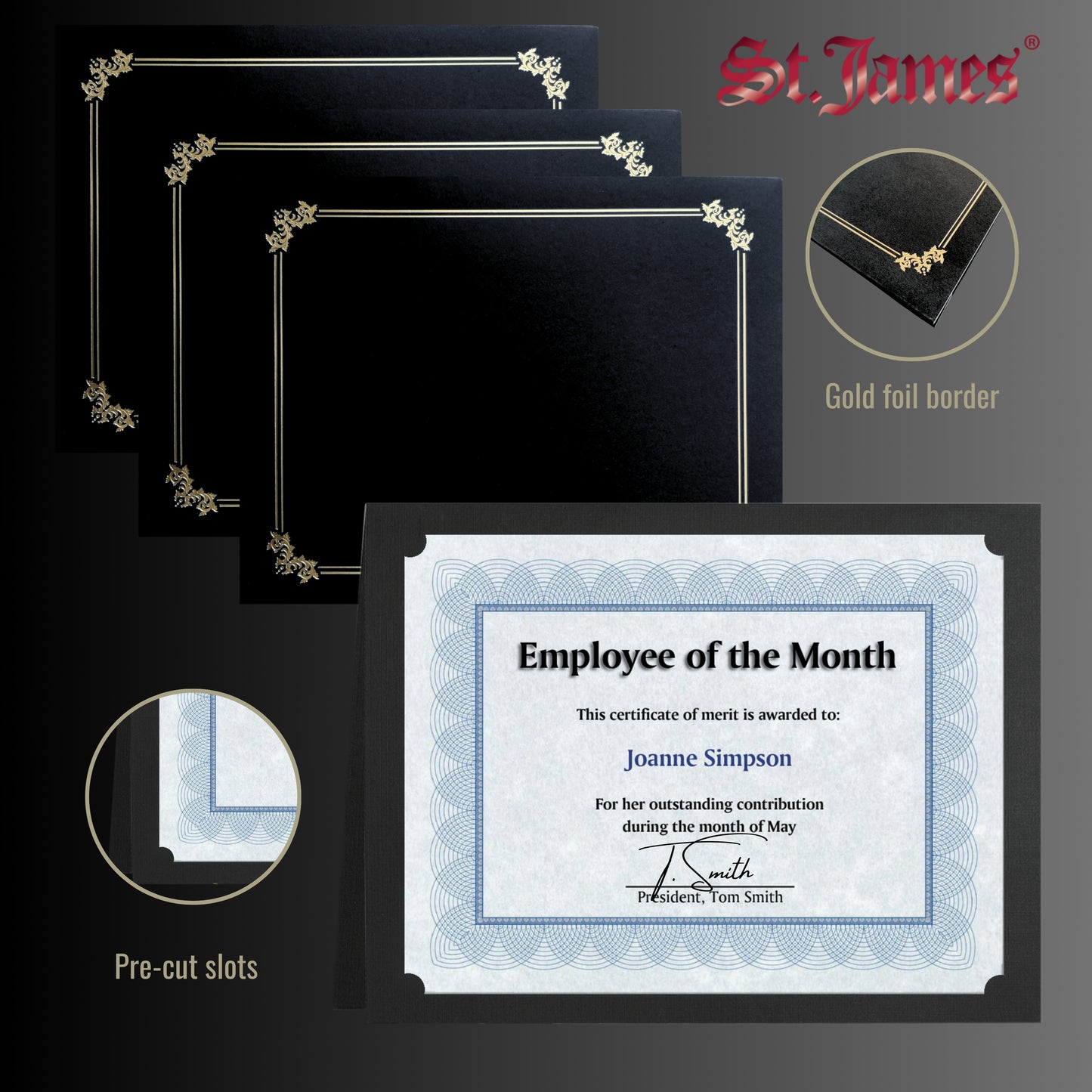 St. James® Premium Certificate Holders, Double Display Folders for 8.5 x 11" Documents, Black, Gold Foil Border, Pack of 10, 83953