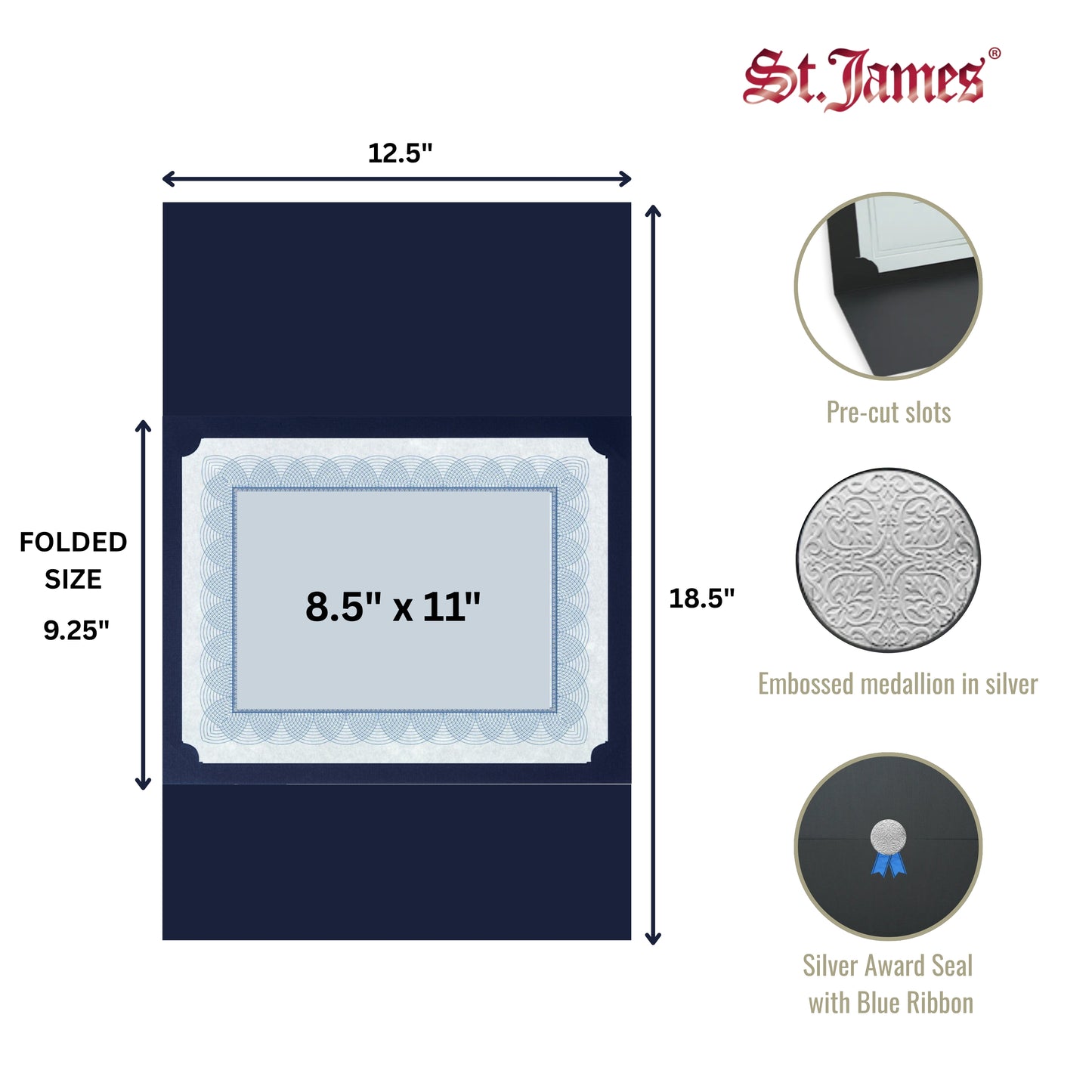 St. James® Porte-certificats/Couvertures de documents/Porte-diplômes, Bleu marine, Sceau de prix argenté avec ruban bleu, Paquet de 5, 83842