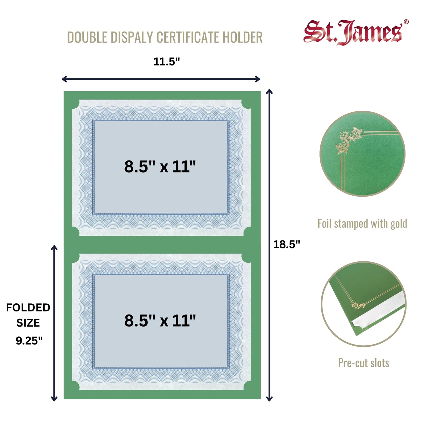 St. James® Premium Certificate Holders, Double Display Folders for 8.5 x 11" Documents, Green, Gold Foil Border, Pack of 10, 83959