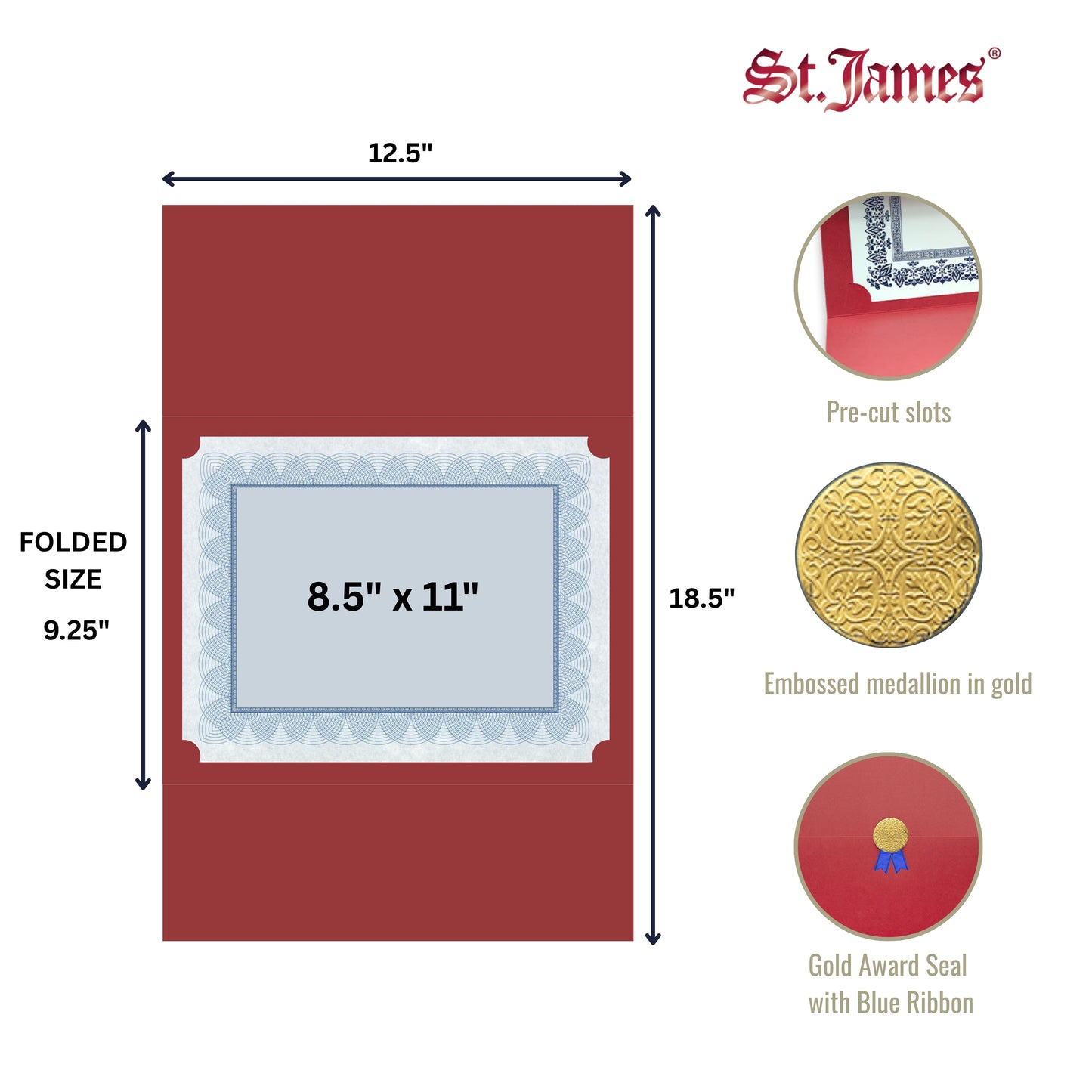 St. James® Certificate Holders/Document Covers/Diploma Holders, Red, Gold Award Seal with Blue Ribbon, Pack of 5, 83829