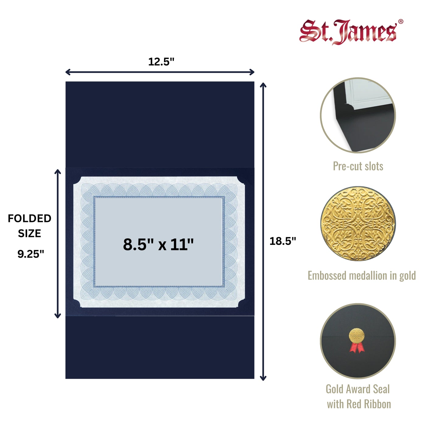 St. James® Porte-certificats/Couvertures de documents/Porte-diplômes, Noir, Sceau d'or avec ruban rouge, Paquet de 5, 83821