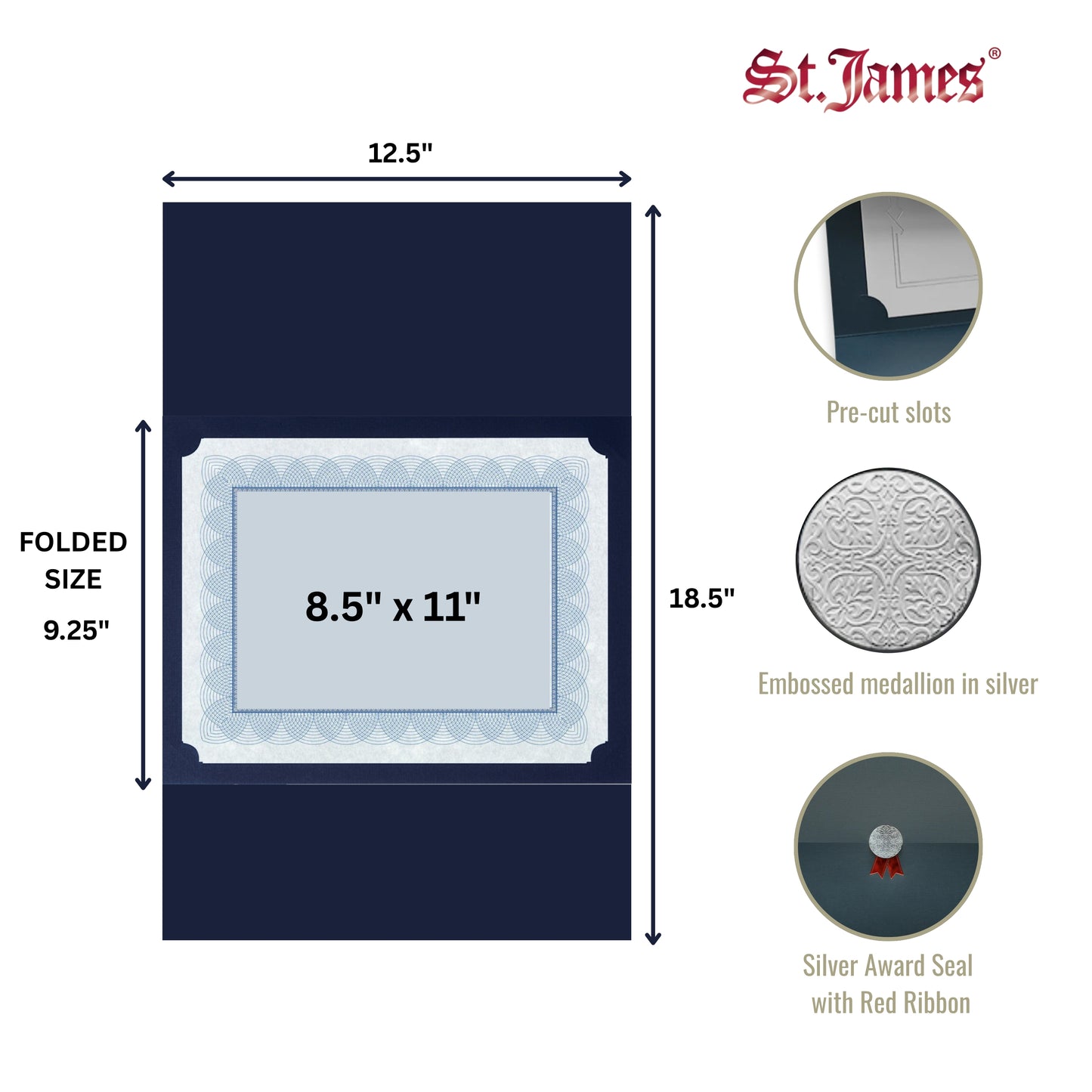 St. James® Certificate Holders/Document Covers/Diploma Holders, Navy Blue, Silver Award Seal with Red Ribbon, Pack of 5, 83843