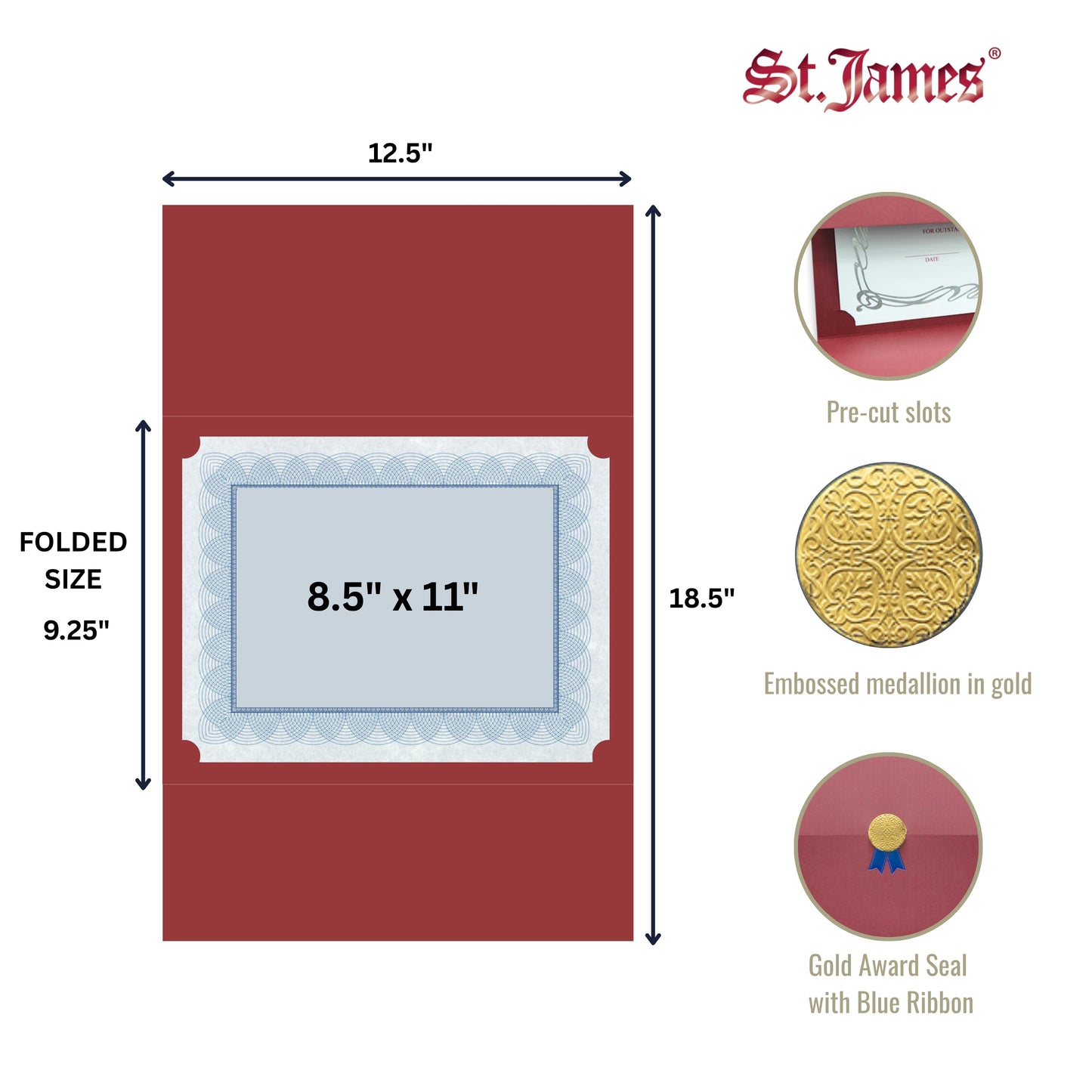 St. James® Certificate Holders/Document Covers/Diploma Holders, Burgundy, Gold Award Seal with Blue Ribbon, Pack of 5, 83817
