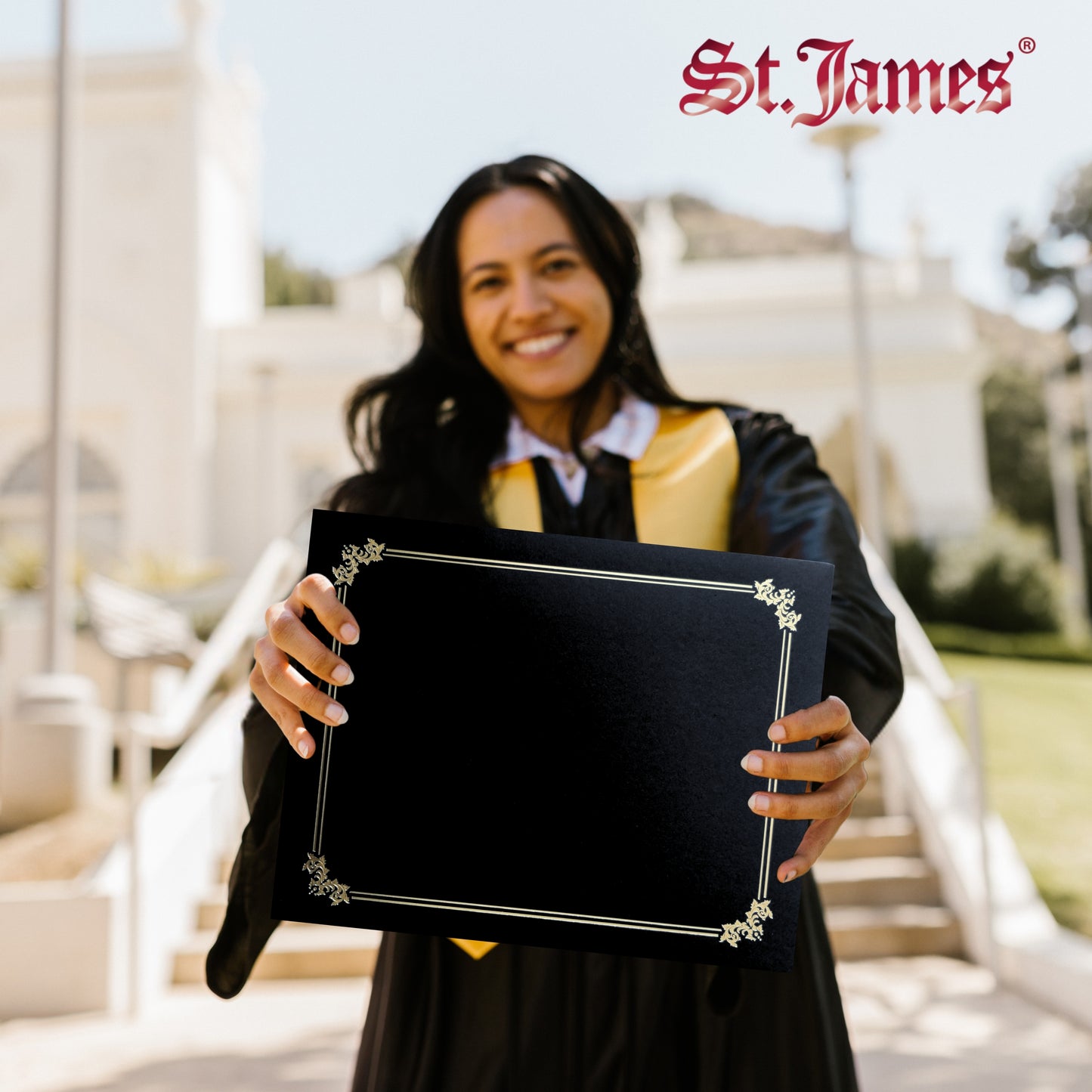 St. James® Premium Certificate Holders, Double Display Folders for 8.5 x 11" Documents, Black, Gold Foil Border, Pack of 10, 83953