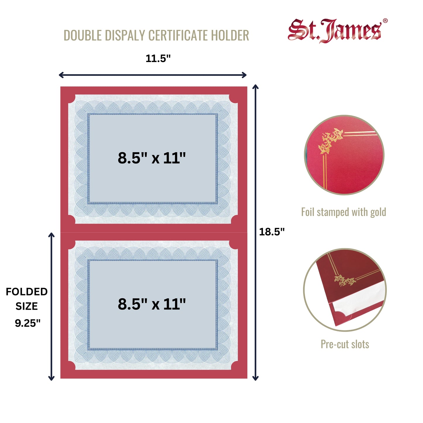 St. James® Premium Certificate Holders, Double Display Folders for 8.5 x 11" Documents, Burgundy, Gold Foil Border, Pack of 10, 83957
