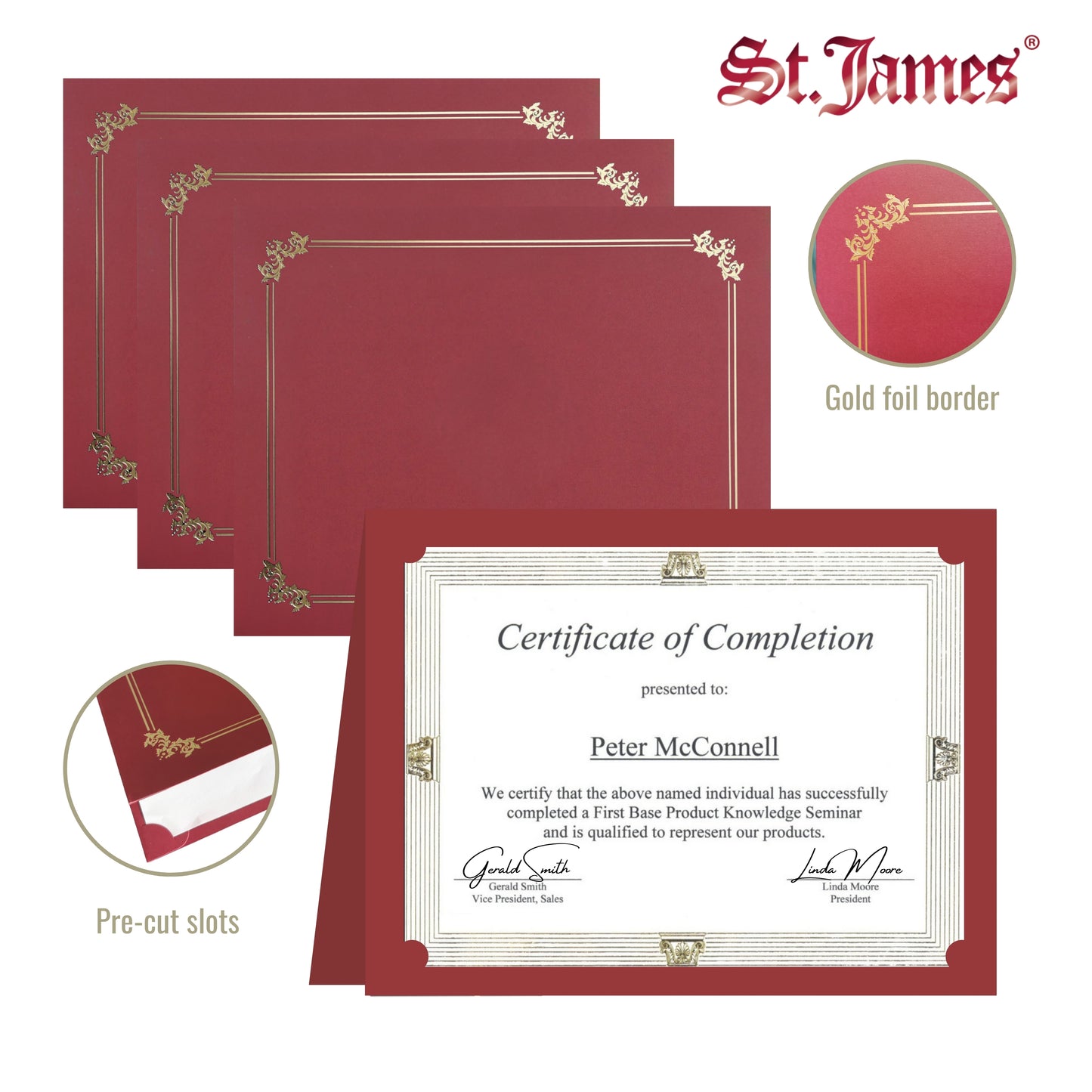 St. James® Premium Certificate Holders, Double Display Folders for 8.5 x 11" Documents, Burgundy, Gold Foil Border, Pack of 10, 83957
