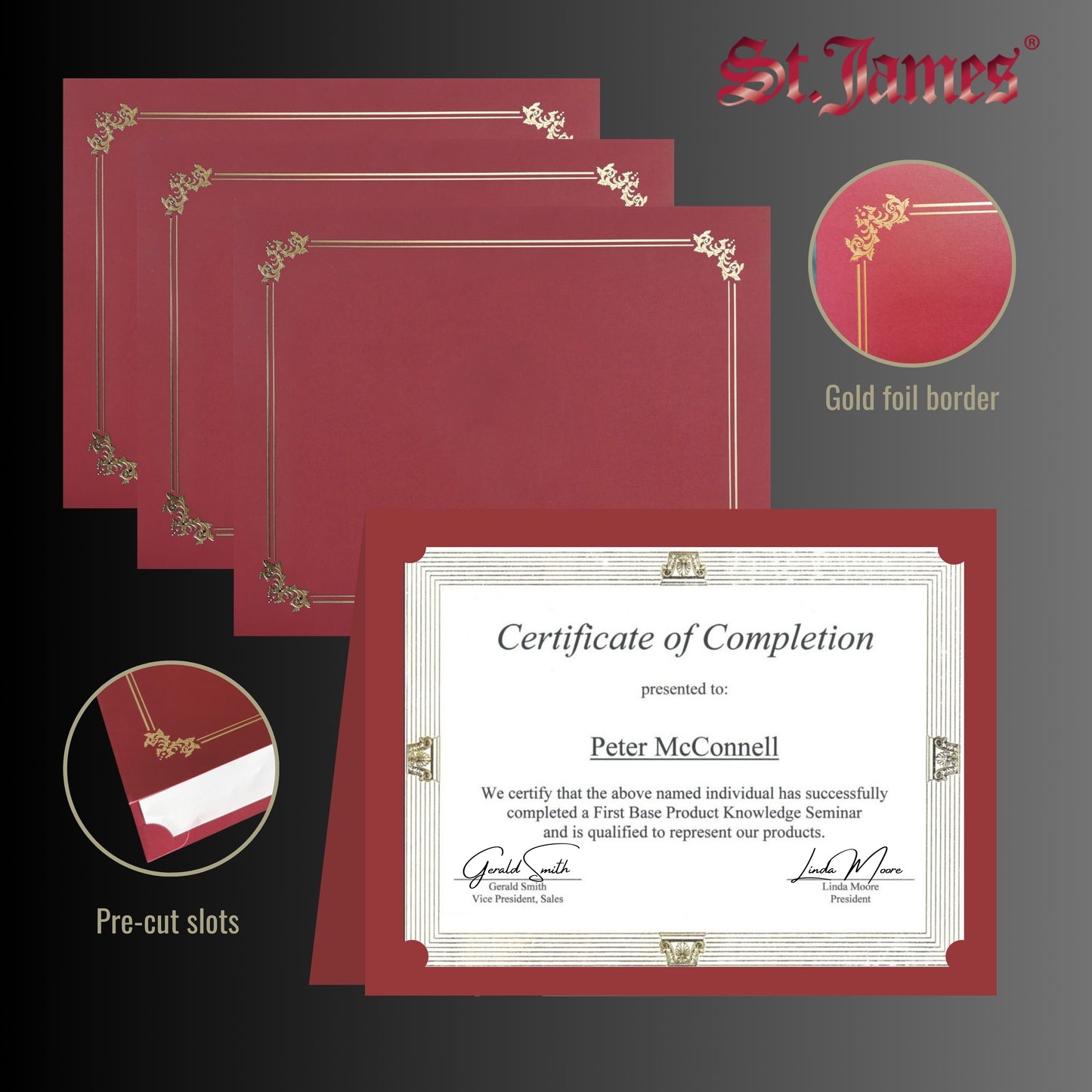 St. James® Premium Certificate Holders, Double Display Folders for 8.5 x 11" Documents, Burgundy, Gold Foil Border, Pack of 10, 83957