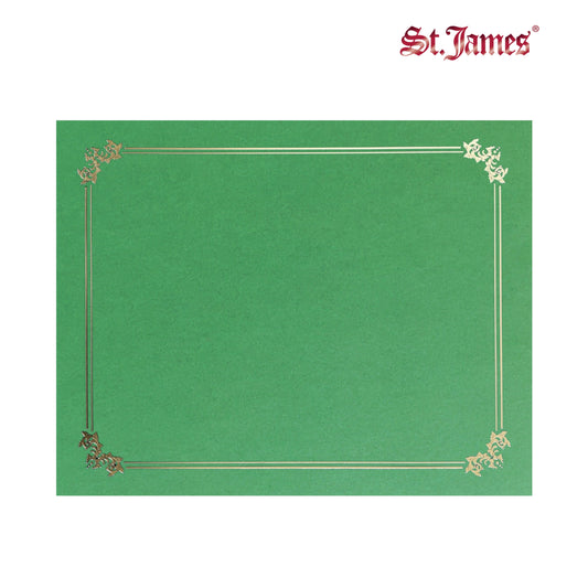 St. James® Premium Certificate Holders, Double Display Folders for 8.5 x 11" Documents, Green, Gold Foil Border, Pack of 10, 83959