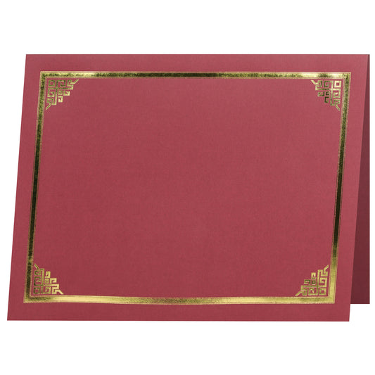 Porte-certificats/couvertures de documents/porte-diplômes St. James®, rouge, bordure en feuille d'or, finition lin, paquet de 5, 83804