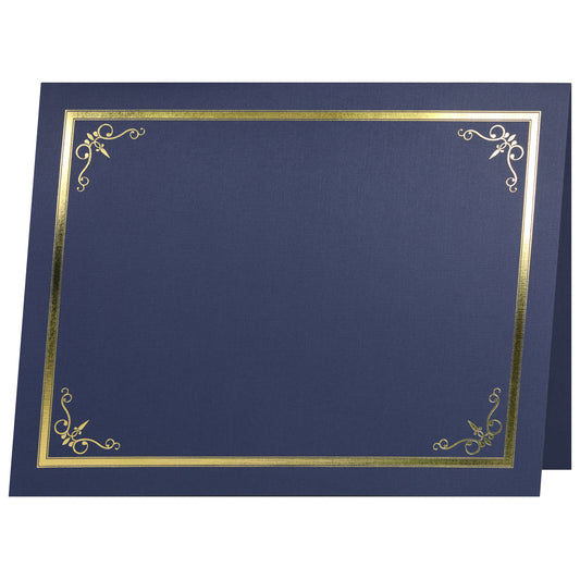St. James® Porte-certificats/Couvertures de documents/Porte-diplômes, Bleu marine, Bordure en feuille d'or, Finition lin, Paquet de 5, 83806