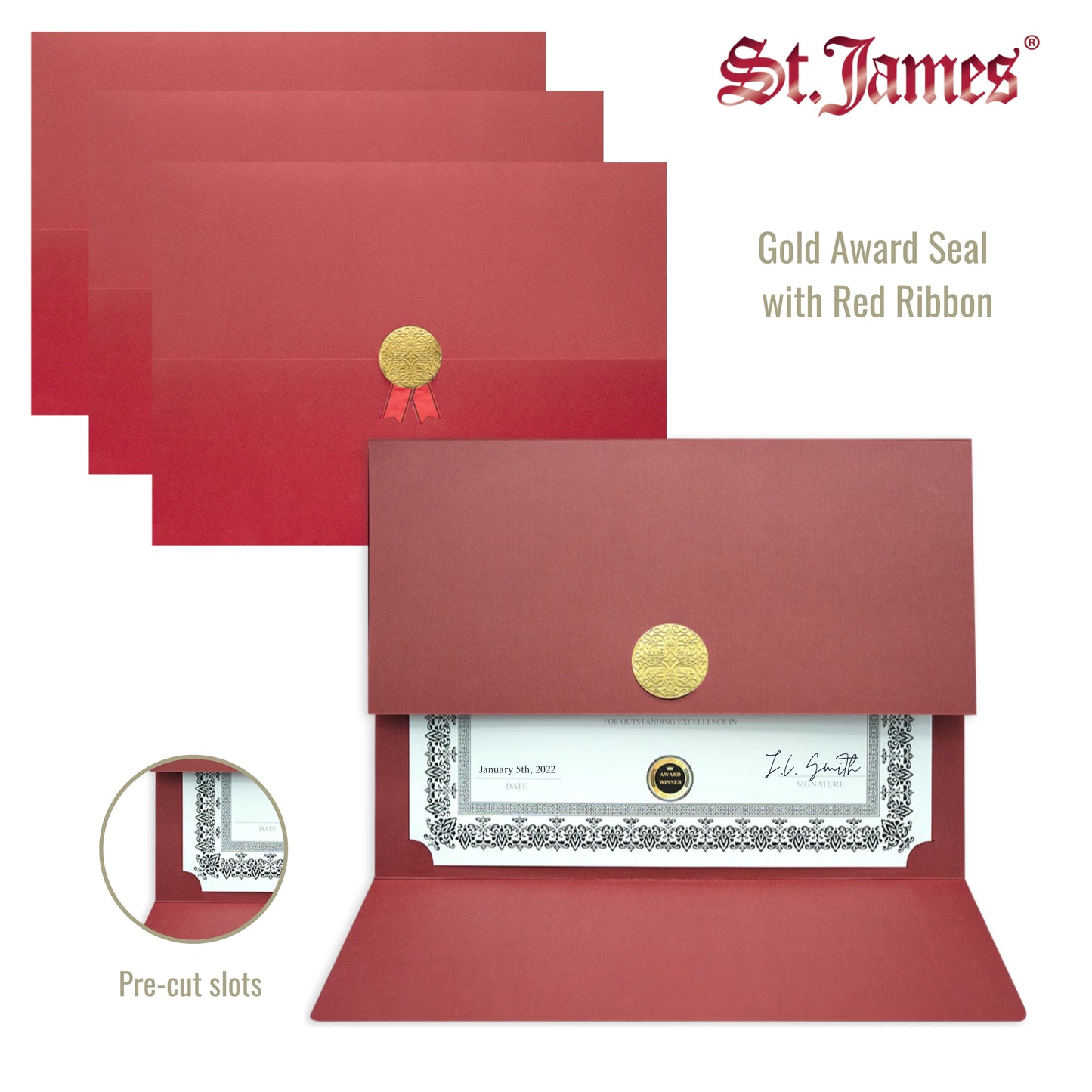 St. James® Porte-certificats/Couvertures de documents/Porte-diplômes, Rouge, Sceau d'or avec ruban rouge, Paquet de 5, 83830