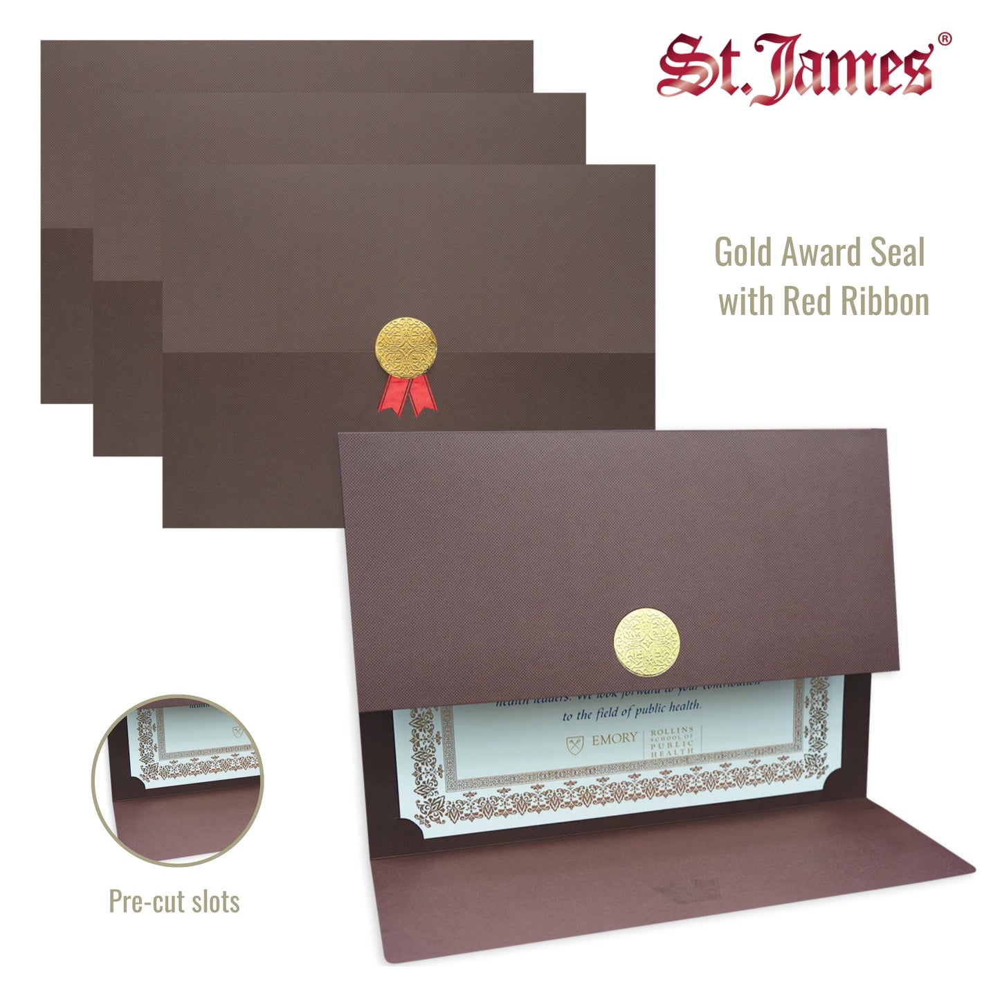 St. James® Certificate Holders/Document Covers/Diploma Holders, Brown, Gold Award Seal with Red Ribbon, Pack of 5, 83827