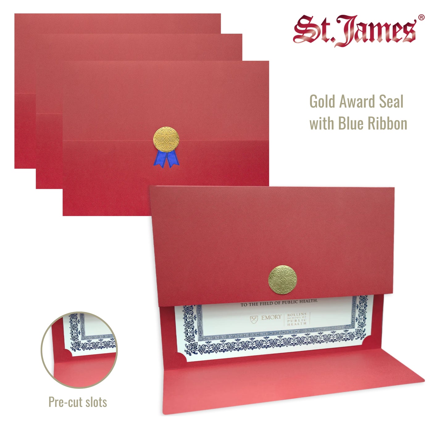 St. James® Certificate Holders/Document Covers/Diploma Holders, Red, Gold Award Seal with Blue Ribbon, Pack of 5, 83829