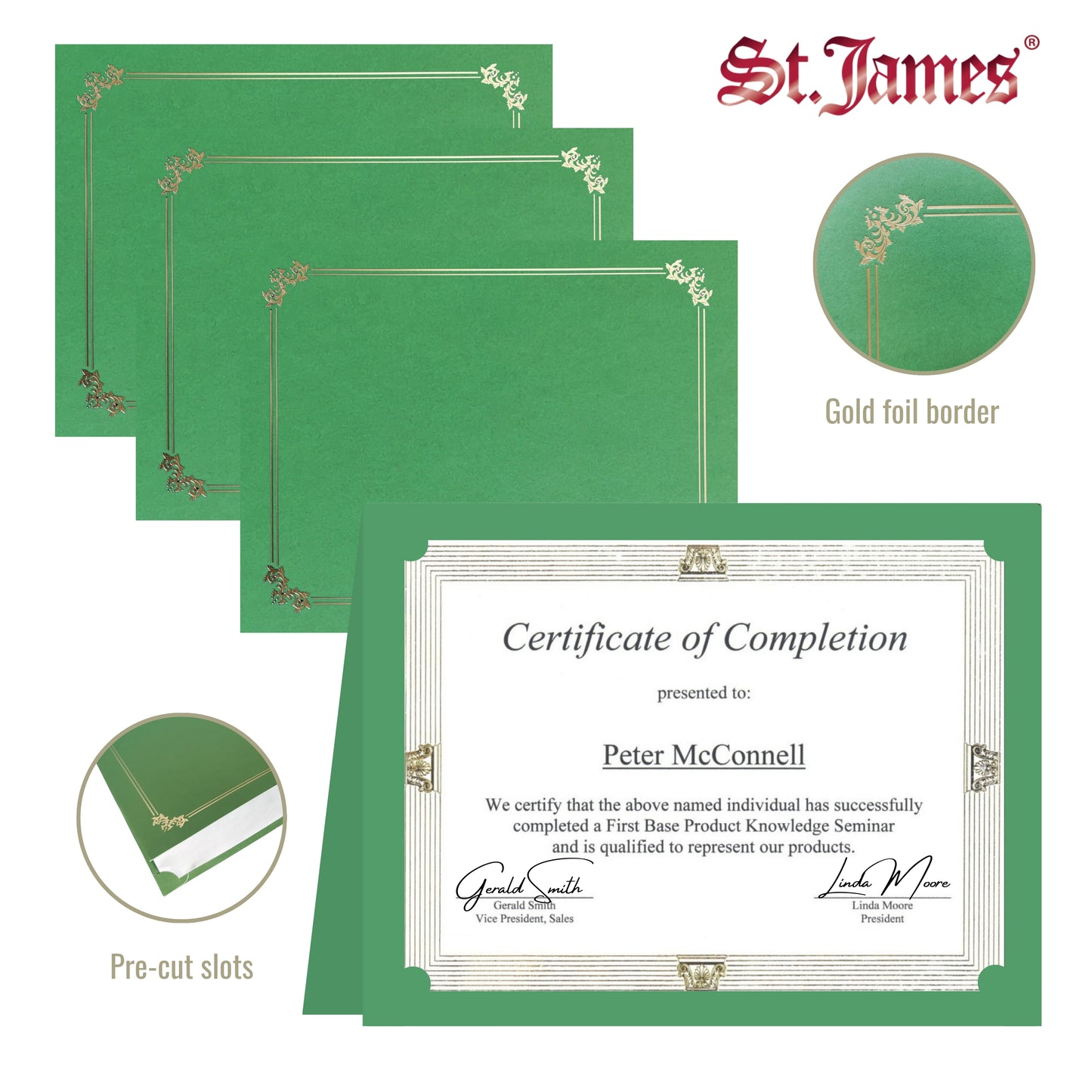 St. James® Premium Certificate Holders, Double Display Folders for 8.5 x 11" Documents, Green, Gold Foil Border, Pack of 10, 83959