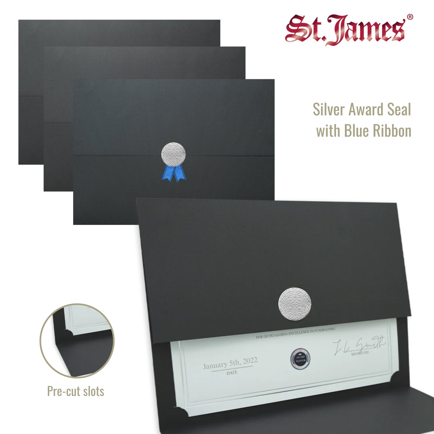 St. James® Porte-certificats/Couvertures de documents/Porte-diplômes, Bleu marine, Sceau de prix argenté avec ruban bleu, Paquet de 5, 83842