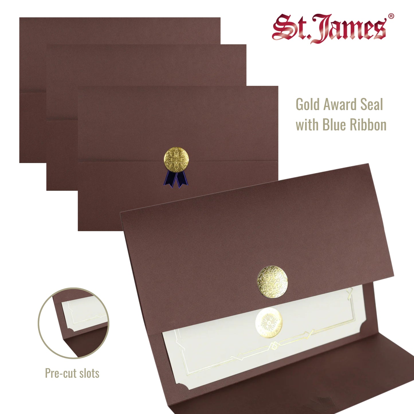 St. James® Certificate Holders/Document Covers/Diploma Holders, Brown, Gold Award Seal with Blue Ribbon, Pack of 5, 83826