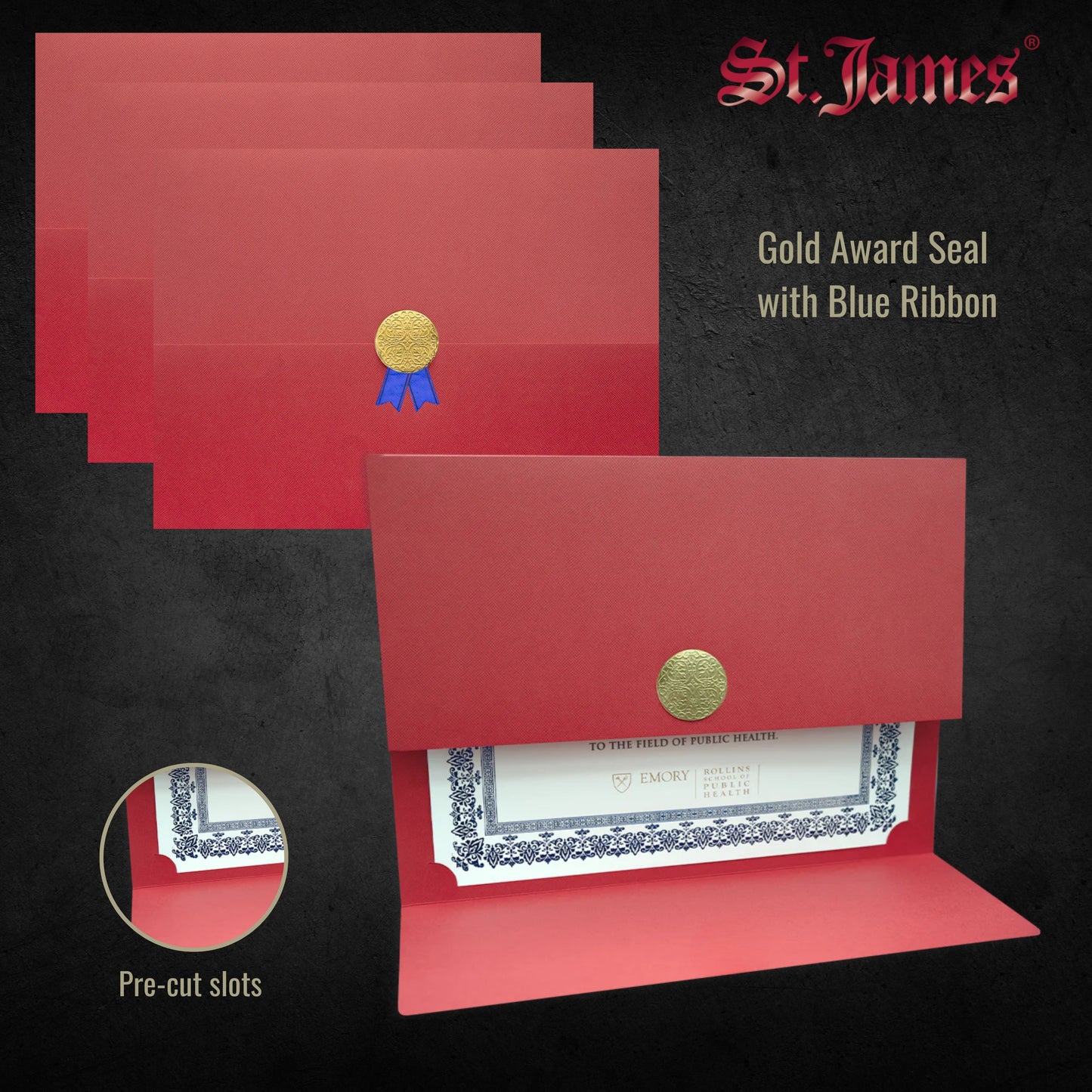 St. James® Certificate Holders/Document Covers/Diploma Holders, Red, Gold Award Seal with Blue Ribbon, Pack of 5, 83829