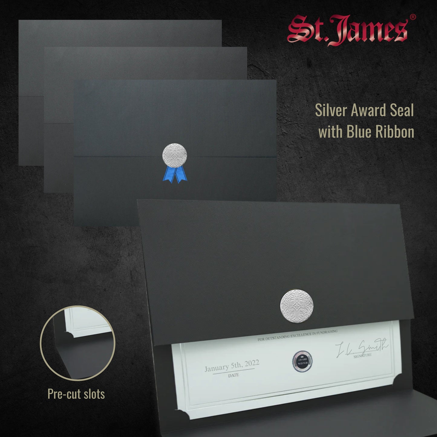 St. James® Porte-certificats/Couvertures de documents/Porte-diplômes, Bleu marine, Sceau de prix argenté avec ruban bleu, Paquet de 5, 83842