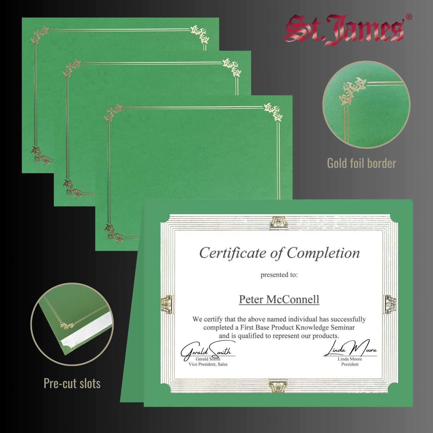 St. James® Premium Certificate Holders, Double Display Folders for 8.5 x 11" Documents, Green, Gold Foil Border, Pack of 10, 83959