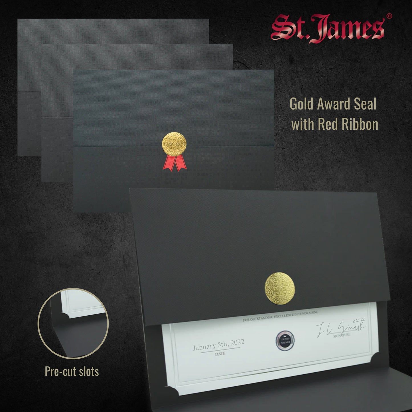 St. James® Porte-certificats/Couvertures de documents/Porte-diplômes, Noir, Sceau d'or avec ruban rouge, Paquet de 5, 83821