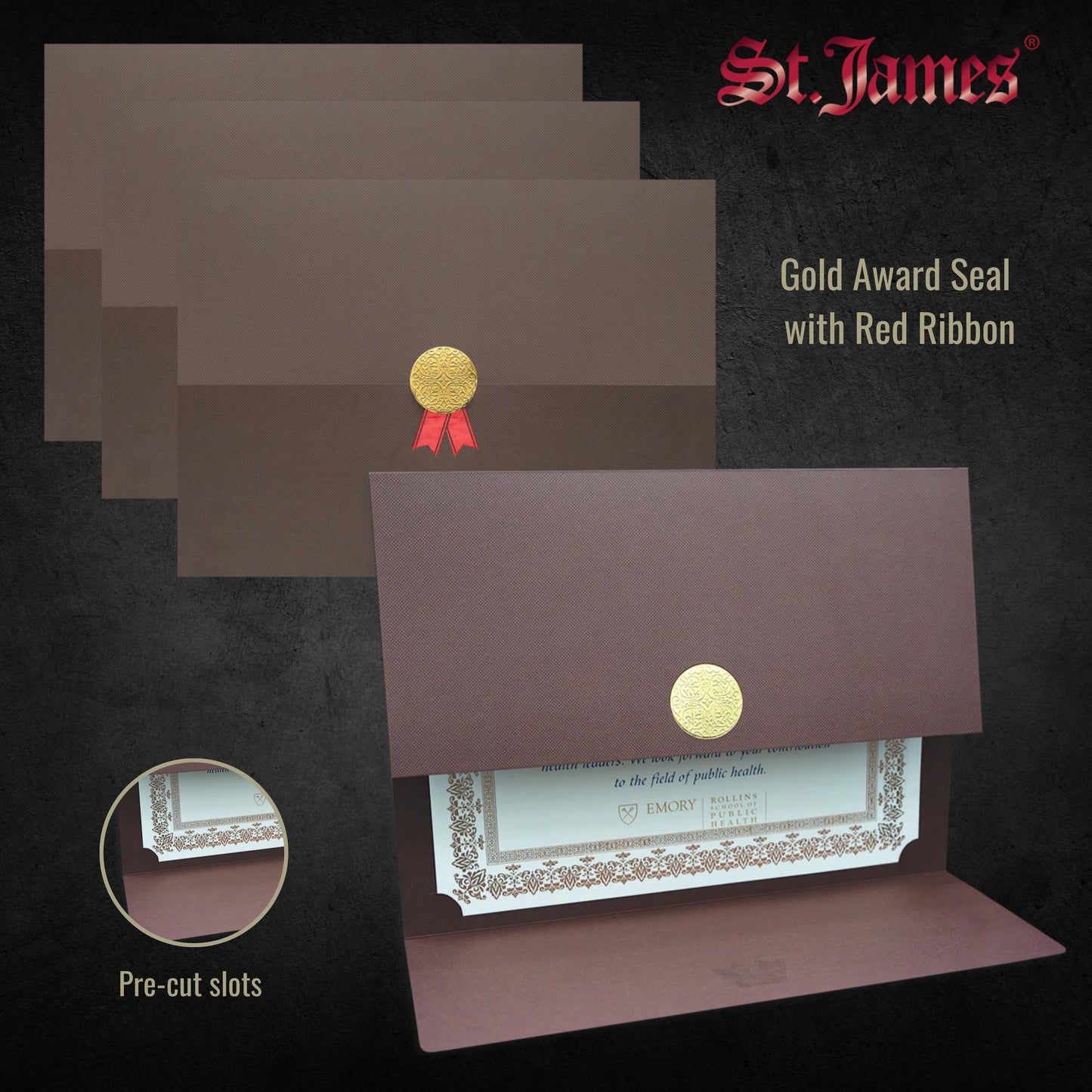 St. James® Certificate Holders/Document Covers/Diploma Holders, Brown, Gold Award Seal with Red Ribbon, Pack of 5, 83827