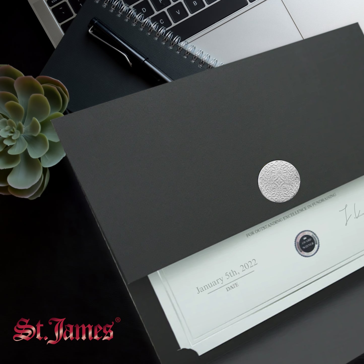 St. James® Porte-certificats/Couvertures de documents/Porte-diplômes, Bleu marine, Sceau de prix argenté avec ruban bleu, Paquet de 5, 83842