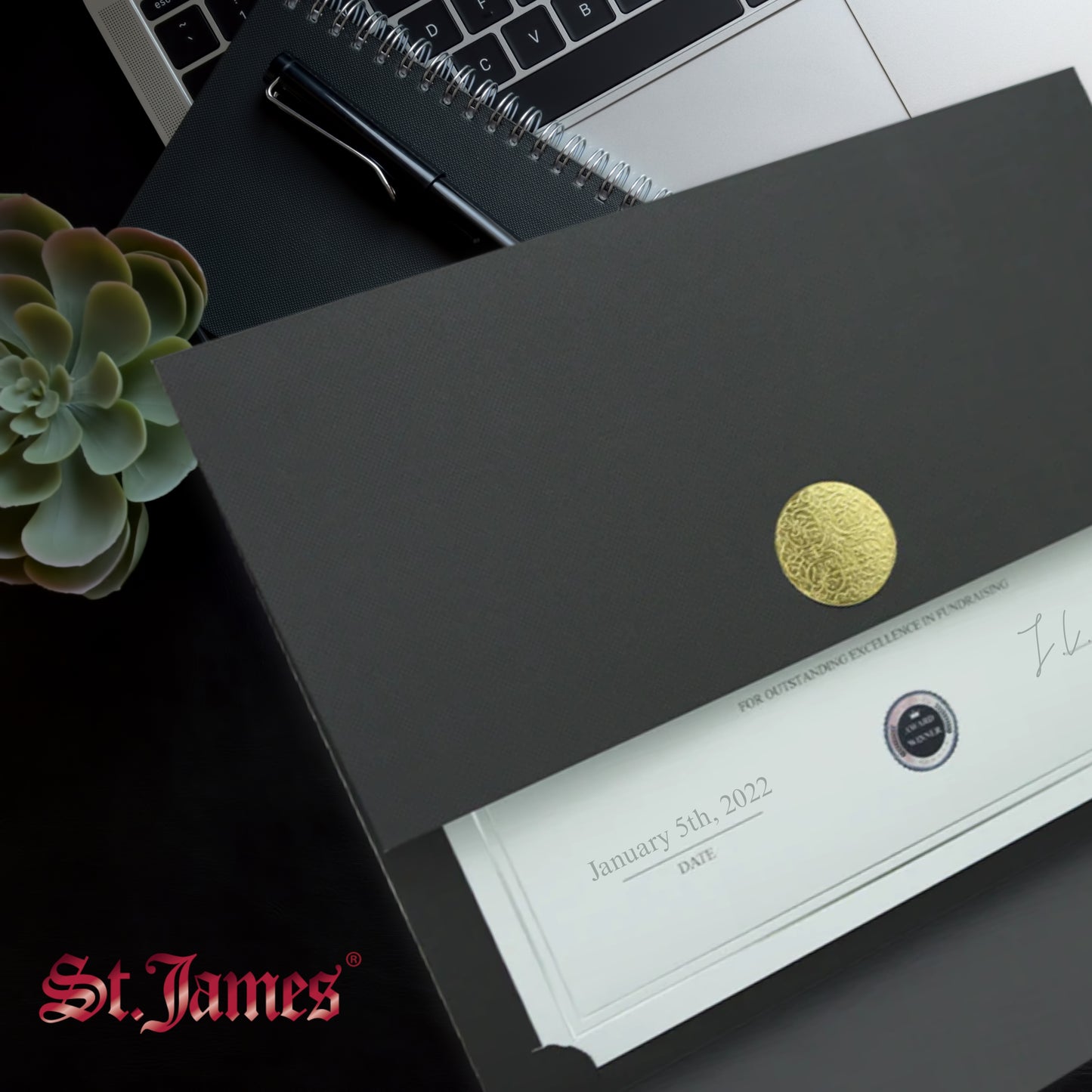 St. James® Porte-certificats/Couvertures de documents/Porte-diplômes, Noir, Sceau d'or avec ruban rouge, Paquet de 5, 83821