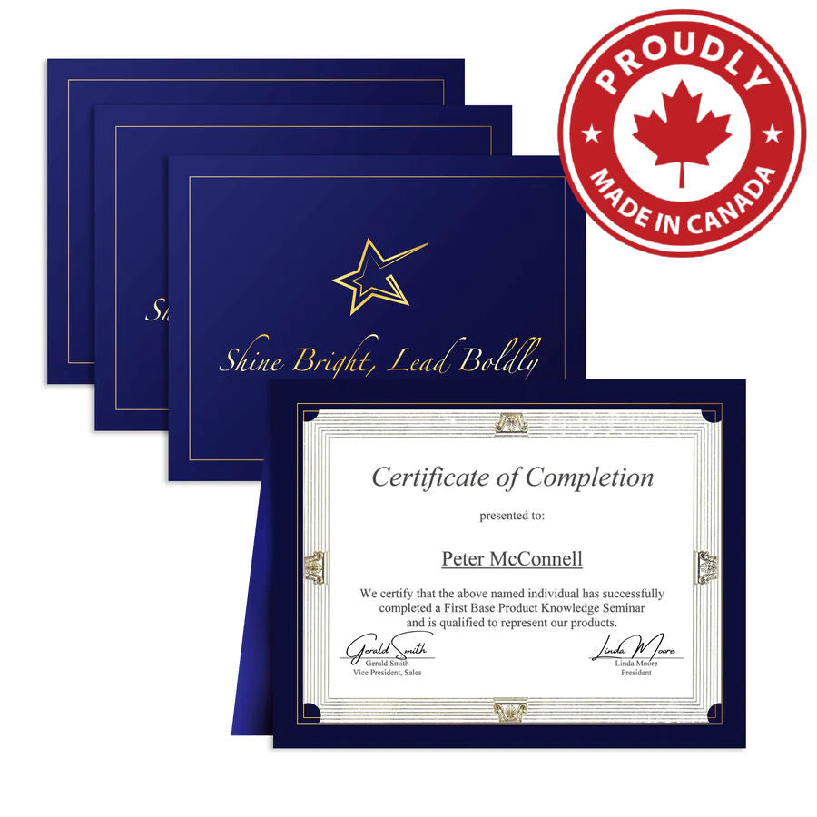 St. James® Premium Certificate Holder, “Shine Bright, Lead Boldly” Gold Foil Star Design, 8.5 x 11" Document Folder, Navy Blue, Pack of 10, 749382