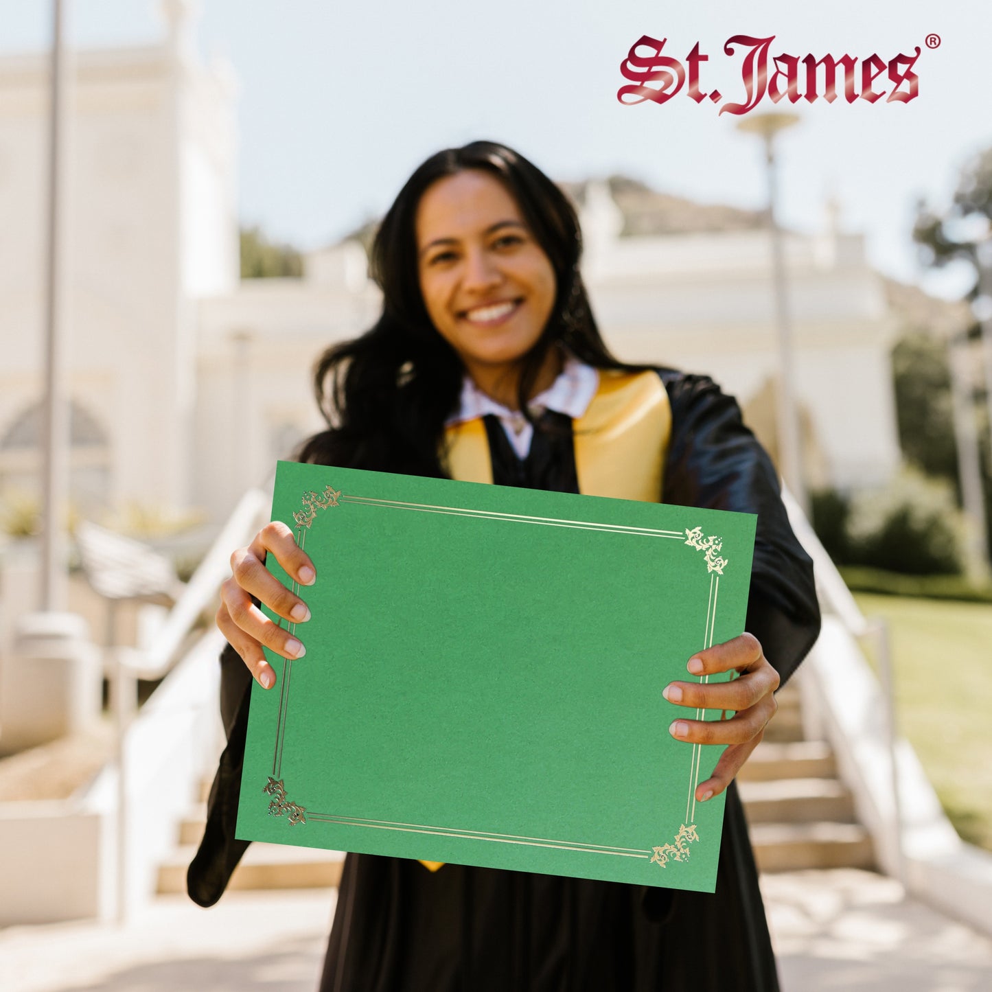 St. James® Premium Certificate Holders, Double Display Folders for 8.5 x 11" Documents, Green, Gold Foil Border, Pack of 10, 83959